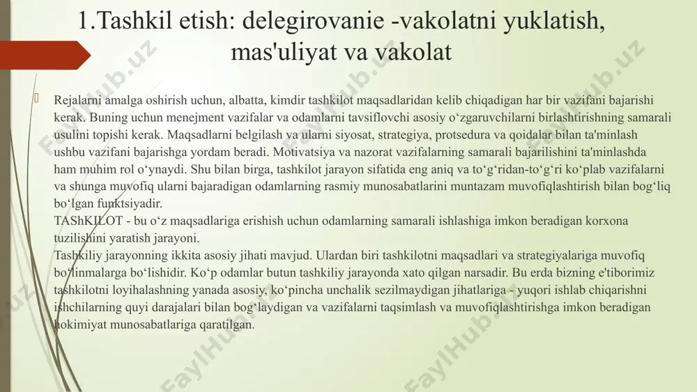 s, balki lavozimga beriladi. nemis sosiologi maks veberning ”rasional byurokratiya” konsepsiyasi 1. mehnatning aniq taqsimoti va buning natijasida har bir mansabga mos keladigan o‘ta malakali kadrlarni jalb etish imkonining vujudga kelishi. 2. boshqaruv iearxiyasining to‘g‘ri taqsimlanishi natijasida quyi bo‘g‘in yuqori bo‘g‘inga bo‘ysunadi va u tomonidan nazorat etiladi. nemis sosiologi maks veberning ”rasional byurokratiya” konsepsiyasi 3. o‘zaro bog‘langan norsmiy(formal) qoida va standartlarning mavjudligi - har bir xodimning mas'uliyati va vazifalarining bir maromda bajarishlarini, turli topshiriqlarni koordinasiya qilish imkonining yaratadi. 4. rasmiy shaxslar o‘z lavozim majburiyatlarini bajarishda norasmiy(formal) tuyg‘uda bo‘lishlari. 5. ishga yollash to‘liq va qat'iy belgilangan malakaviy talablar asosida amalga oshiriladi. xodimlar rahbar tomonidan o‘zbilarmonlik asosida ishdan ketkazish holatlaridan himoyalangan bo‘ladilar. shunday qilib, “byurokratik tashkiliy” tuzilma yuqori darajada mehnat taqsimoti bilan xarakterlanadi. boshqaruv iearxiyasining rivojlanganligi, komandalar zanjiri, personalning xulq atvorlari bobida belgilangan ko‘plab qoida va normalarning mavjudligi, kadrlarni ish va kasbiy sifatlariga ko‘ra ishga qabul qilish kabi xususiyatlari bilan ajralib turadi …