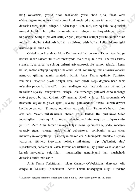 alqaro nufuz yo’li edi. zero amir temur dunyoga kelgan zamin qadimdan iqtisodiy, madaniy taraqqiy etgan, jahonga yuzlab ulug’ aql-zakovat sohiblarini bergan ulkan ma’naviy imkoniyatlarga ega bo’lgan makon edi. shuningdek, murakkab siyosiy vaziyatlar, ijtimoiy inqorozlar holatida millatning alp o’g’lonlari, ulug’ siyosatdonlar, sarkardalar vatan farzandlari sifatida milliy g’urur va salobat bilan kurash maydoniga chiqishlari muqarrarligi qonuniyatini ham mushohada doirasida tutishimiz zarur. amir temur turkistonni, islom karimov o’zbekistonni dunyoga olib chiqadilar. mustaqil o’zbekiston –amir temur boshqargan ulug’ turkiston davlatining qonuniy vorisi. sohibqiron amir temur ham prezident islom karimov ham tarixiy shaxslar. hayotida bundan ulug’ baxt bo’lmasa kerak. mustabid sovet “dohiylari” “tarixning yaratuvchisi xalq, davlat boshliqlari, sarkardalar yoki alohida bir shaxslar tarixni yarata olmaydilar,” degan asossiz, g’ayri ilmiy g’oyani targ’ib qilgan edilar. tarixni xalqning faqat ijtimoiy- siyosiy faol, quvvai hofizasi baland, ma’naviy salohiyatli qatlami, olimlari, sarkardalari, davlat arboblari yaratadilar. sohibqiron amir temur, prezidnet islom karimov o’z xalqning yangi tarixini yaratgan arbobdirlar. amir temur davlatining …