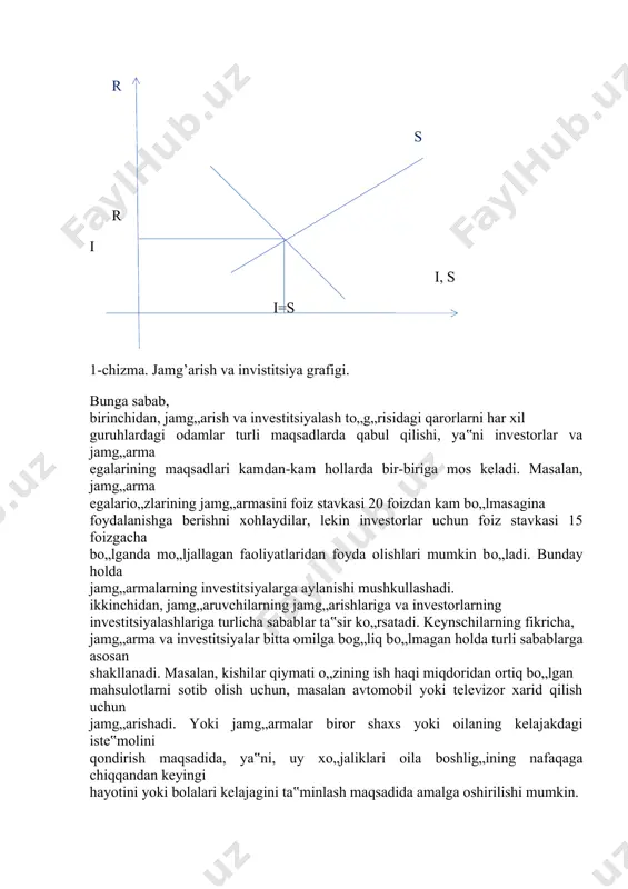 atlar) kamayishi zarur bo`lgan mikdor inflyatsion uzilish deyiladi. agarda, ishlab chikarish xakikiy xajmi (uo) potentsial (u*) xajmidan ko`p bo`lsa, jami xarajatlar ortikcha xisoblanadi. jami talabning ortikchaligi iktisodiyotda inflyatsiya jarayoniga olib keladi. boshkacha aytganda jami talab xajmining jami taklif xajmidan kiska muddatda katta bo`lishi okibatida xakikiy va potentsial yaim xajmlari o`rtasida inflyatsion uzilish ro`y beradi (16-chizma).. bu uzilishni bartaraf kilish uchun jami xarajatlarni kamaytirish, boshkacha kilib aytganda jami talabni cheklash zarur. e y=e e1=c+i+g+xn a e e2=e1- e 16-chizma. ishlab chikarishning xakikiy va potentsial xajmi o`rtasidagi inflyatsion uzilish. grafikda bu jarayon muvozanatni a nuktadan v nuktagacha surishni anglatadi. bu erda jami muvozanatili yalpi daromad xajmidagi (δu) kiskarish kuyidagicha bo`ladi: δu= -inflyatsion uzilish mikdori x avtonom xarajatlar mul’tiplikatori mikdori. keynsning makroiktisodiy muvozanat modeli yalpi talab- yalpi taklif modelini kiska muddatli makroiktisodiy siyosat maksadlarida aniklashtirgan bo`lib, uning xususiy xoli xisoblanadi. yalpi talab va yalpi taklif modelidan farkli o`larok bu modelda baxolar darajasi va …