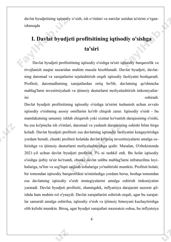 , bu esa davlatning moliyaviy barqarorligi va iqtisodiy o'sishi uchun kalit omil hisoblanadi. inflyatsiya esa narxlar darajasining o'sishi bilan bog'liq bo'lib, iqtisodiyotning muhim ko'rsatkichlaridan biridir. bu ikki tushuncha o'rtasidagi o'zaro bog'liqlikni o'rganish, iqtisodiy siyosatni shakllantirishda va davlatning iqtisodiy barqarorligini ta'minlashda muhim ahamiyatga ega. profitsit va inflyatsiya o'rtasidagi bog'liqlikni tushunish uchun, avvalo, davlat byudjeti profitsitining qanday paydo bo'lishini ko'rib chiqish zarur. profitsit holatida bo'lgan davlat byudjeti, daromadlar xarajatlardan ortiq bo'lganda yuzaga keladi. bu holat davlatga ko'proq investitsiya qilish imkoniyatini beradi va ijtimoiy xizmatlarni yaxshilashga yordam beradi. shu bilan birga, davlatning iqtisodiy faolligini rag'batlantiradi, bu esa o'z navbatida iqtisodiy o'sishga olib kelishi mumkin. inflyatsiya bilan bog'liq ravishda, profitsit holati inflyatsiyani boshqarishda muhim rol o'ynashi mumkin. agar davlat byudjeti profitsitga ega bo'lsa, bu davlatga narxlar barqarorligini ta'minlash, iqtisodiy o'sishni qo'llab-quvvatlash va inflyatsiyani nazorat qilish imkoniyatini beradi. masalan, davlat xarajatlarining oshishi iqtisodiy faollikni rag'batlantirsa, bu narxlar o'sishiga olib kelishi mumkin. shuning uchun, davlat byudjetining …