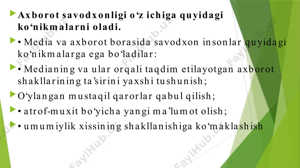 ani bilishi zarurligini anglaydi va o‘z qidiruv ishini ma’lum bir natijaga qaratadi. masalan, inflyatsiya sharoitida har bir fuqaroni narx-navoning o‘sishi qiziqtiradi. abituriyent oliy ta’lim muassasasiga kirish qoidalariga oid barcha ma’lumotni o‘rganadi. tadbirkor va moliyachini birinchi navbatda birjadagi narx kotirovkasi qiziqtiradi. insonga u yoki bu axborot kanaliga murojaat qilish maqsadi tushunarli. keng ma’noda axborot ta’rifi kibernetika fanida keltirilgan. uning asoschisi norbert vinerning yozishicha, “axborot – bu biz unga va uning bizning hissiyotlarimizga moslashuvchi, tashqi dunyodan olingan mazmun tavsifidir”. boshqa tomondan, “axborot” istilohi shuningdek “axborot berish”, axborotni uzatish va uning tarqatish ma’nosida ham qo‘llaniladi. ayrim tadqiqotchilarning ta’kidlashicha, axborot deb oldindan ma’lum bo‘lmagan biror narsa haqidagi xabar yoki ma’lumotlar tushuniladi. nima bo‘lgan taqdirda ham axborot muhim unsur bo‘lib, usiz nafaqat alohida insonni, balki jamiyatni ham tasavvur qilib bo‘lmaydi. masala, uning sifati, mazmuni, ohangi va yo‘naltirilganligidadir. shu bois axborot chegaralangan, qalbakilashtirilgan, tezkor, dolzarb va h.k. bo‘lishi mumkin inson va jamiyat doimiy ravishda ma’lum bir …