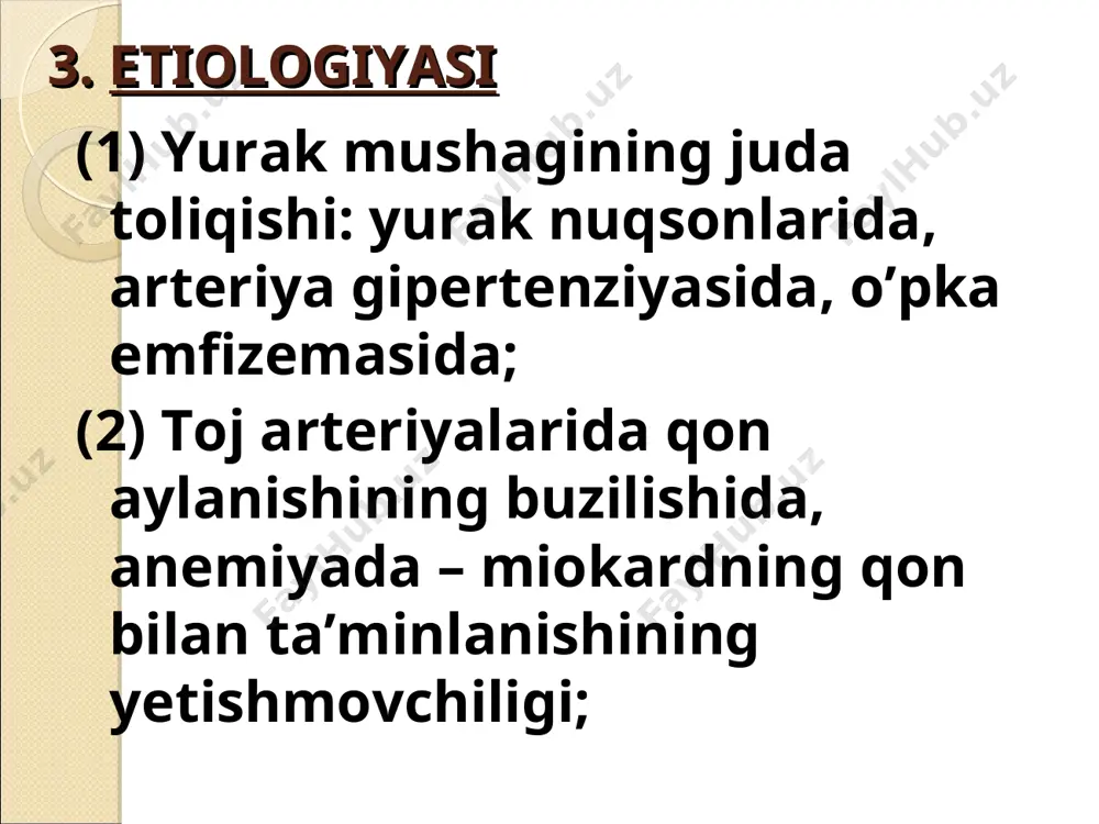 hik qon aylanish doirasida qon haydalishi qiyinlashadi, bu holat o’pka tomirlarining kеskin to’lishini, bronxlar shilliq qavatida shish va spazm rivojlanishini, markaziy nеrv sistеmasining qon bilan ta’minlanishi va o’pkada gaz almashinuvining buzilishini vujudga kеltiradi. 3. klinik ko’rinishi. (1) o’tkir chap qorincha yetishmovchiligi yurak astmasi xuruji bilan namoyon bo’ladi va o’pka shishi bilan yakunlanishi mumkin. (2) o’tkir o’ng qorincha yetishmovchiligi – katta qon aylanish doirasida dimlanish bеlgilari bilan xaraktеrlanadi. (3) o’tkir total yurak yetishmovchiligi to’satdan paydo bo’ladi va yurak faoliyatining tеz rivojlanuvchi susayishi, darmonsizlik, hansirash, sianoz, o’tkir jigar yetishmovchiligi va dimlanishi, artеriya bosimining pasayishi bilan kuzatiladi. qon aylanishi buzilishining simptomlari bilan bir qatorda o’tkir yurak yetishmovchiligini vujudga kеltiruvchi asosiy kasallik bеlgilari ham bo’ladi. 5. qiyosiy tashxisi. a. bronx astmasi. b. miokard infarktining asmatik turi. 6. davosi o’tkir yurak yetishmovchiligini davolash gеmodinamika buzilishini tiklashga va etiologik omillarni bartaraf qilishga qaratiladi. yurak astmasi xurujini to’xtatish maqsadida 1 foizli morfin gidroxlorid eritmasidan 1 ml yoki …