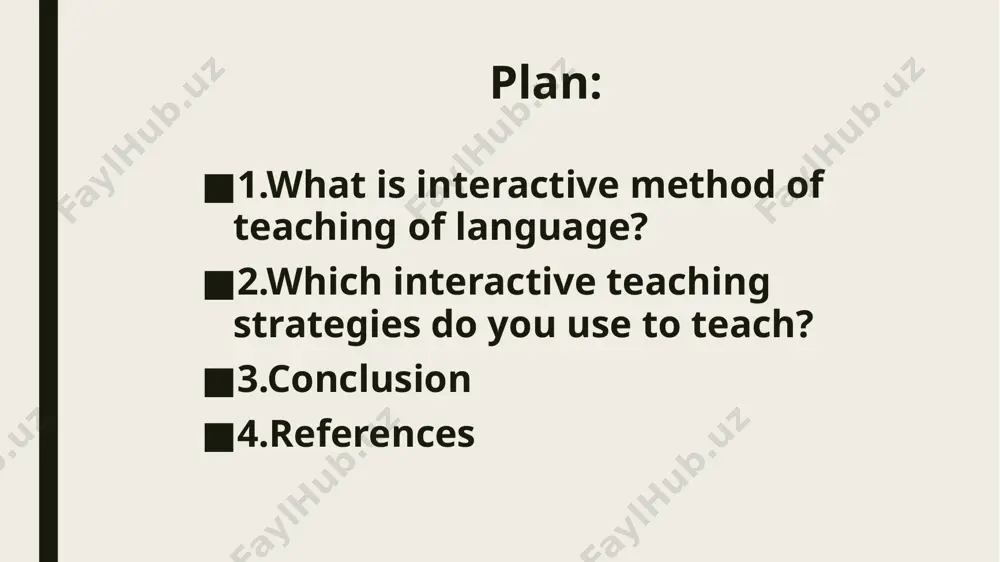 ompetencies; create positive atmosphere in class what is interactive method of teaching of language? the term "interactive" means that people work together and have an influence on each other. this situation implies a dialogue or a conversation. therefore, these methods are aimed at the interaction between students and the teacher as well as among students only. which interactive teaching strategies do you use to teach? think, pair, and share this is a great interactive strategy that improves your students' problem-solving skills, creativity, teamwork skills, and critical thinking. usually, the teacher presents a problem that is related to the subject of the lesson and encourages discussions in the class references [1] information on http://www.president.gov.ua/ukraine presidential decree №641 / 2015 about declaring 2016 year of english in ukraine. [2] t.s. panina, l.n. vavilova, modern methods of activization of training, handbook for students, ed. by t.s. panina, 4 th ed., moscow, 2008. [3] …