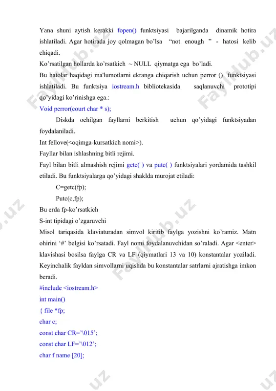 i. argv[0] bu faylning nomini saklovchi satrga ko’rsatkich massivining qolgan elementlari argv[10]…argv[argc-1] komanda qatorida fayl nomidan so’ng bo’shlik tashlab yozilgan parametrlarga ko’rsatkichlar. programmamiz nomi coryfile.exe bo’lsin va bu programma yordamida f1.dat faylni f2.dat faylga yozmoqchimiz. komanda qatori qo’yidagi ko’rinishga ega: main (int argc, char*argv[]) { char cc[256]; file *f1, *f2; if (argc!=3) { print (“\n format bazovih programma:”); print f (“\n copyfile.exe”) cout int main() { file *fp; intn,nn,i; if((fp=fopen(“int.dat”,”r”))==null) {perror (“int.dat”); return 1; } for(i=1; i >(fp,”%d”,&n) ; cout >(oqimga ko’rsatkich, formatlash-qatori, o’zgaruvchilar ro’yhati); misol tariqasida int .dat faylini yaratuvchi va bu faylga 1 dan 100 gacha bo’lgan sonlarning simvolli tasvirini yozib qo’yuvchi programmani ko’rib chiqamiz: #include int main() { file *fp; int n; if((fp=fopen(“int.dat”,”ts”))==null) {perror (“int.dat”); return 1; } for(n=1; n direktivasi orqali amalga oshiriladi. agar murojaat huquqi parametri ko’rsatilmagan bo’lsa faqat fayldan o’qishga ruhsat beriladi. unix operatsion tizimida murojaat huquqlari 3 hil foydalanuvchilar uchun ko’rsatiladi: fayl egasi; …