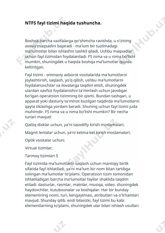 . unga asoslangan operatsion tizimlarning bir qismi sifatida, tuzilishni tekshiradigan va fayl nomuvofiqligini tuzatadigan maxsus yordamchi dasturlar mavjud. ntfs fayl tizimi ushbu ns windows nt bilan ishlash uchun eng maqbuldir, chunki u u uchun maxsus ishlab chiqilgan. ot tarkibiga fat va hpfs bilan ntfs hajmlarini o'zgartiradigan o'zgartiruvchi dastur kiradi. agar ntfs fayl tizimi nima haqida gapiradigan bo'lsak, u ma'lum kataloglar va fayllarga kirishni boshqarish qobiliyatini sezilarli darajada kengaytirganligini, ko'plab atributlarni taqdim etganligini, fayllarni siqish dinamikasini amalga oshirganligini, xatolarga chidamliligini va posix standarti talablarini qo'llab-quvvatlaganligini ta'kidlash kerak. ushbu fsda siz 255 belgigacha bo'lgan nomlardan foydalanishingiz mumkin, bunda qisqa nomlar vfat-da bo'lgani kabi yaratiladi. ntfs fayl tizimi nima ekanligini tushunib, shuni ta'kidlash kerakki, agar operatsion tizim ishdan chiqsa, u o'zini tiklashi mumkin, shuning uchun disk hajmi saqlanib qoladi va katalog tuzilishiga ta'sir qilmaydi. ntfs hajmida har bir fayl mft jadvalidagi yozuv bilan taqdim etiladi. jadvalning dastlabki 16 ta yozuvlari maxsus ma'lumotlarni saqlash …