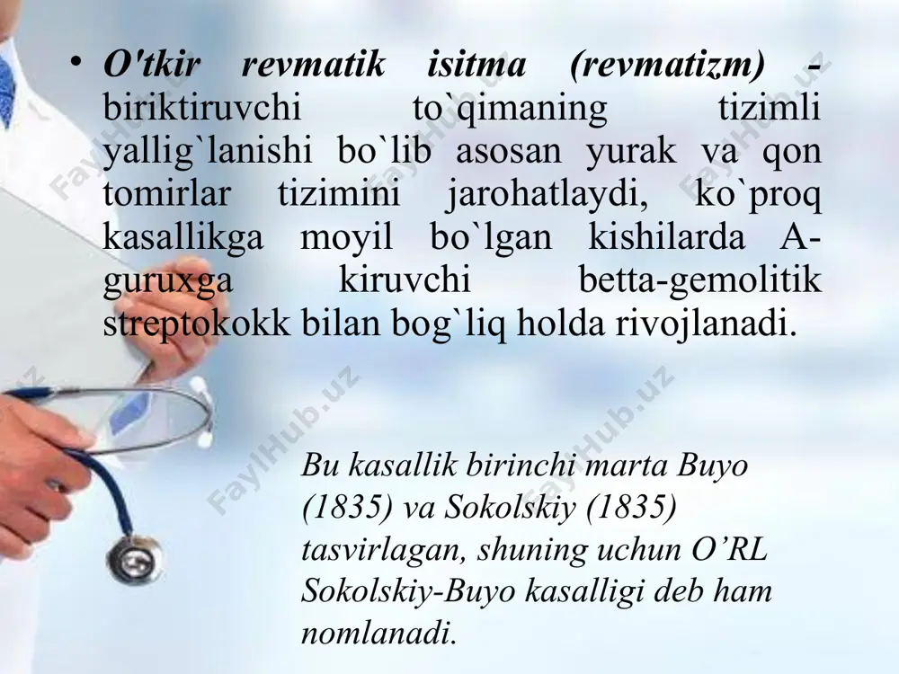 ar (gialuronidaza, streptokinaza, streptolizin) antigenlik xususiyatlarga ega fagotsitoz kardial aglarga javoban at hosil bo’lishi at + ag (tropomiozin, miozin) immun komplekslar qon tomir devorlari endokard miokard perikard patomorfologiya har bir bosqich 1-2 oy davom etadi. rivojlanish bosqichlari ashof-talalayev granulomalari bosqichlar alterativ-ekssudativ bosqich (o'tkir yallig'lanish) mukoid shish fibrinoid o'zgarishlar proliferativ bosqich granulomatoz bosqich obrazets teksta vtoroy uroven tretiy uroven chetvertiy uroven pyatiy uroven revmatik isitma tasnifi va nomenklaturasi (arr, 2003) klinik variantlar klinik ko’rinishlari natija qaye bosqichi syuye nyha asosoiy qo’shimcha o’tkir revmatik isitma qaytalama revmatik isitma kardit artrit xoreya halqasimon erityema revmatik tugunlar isitma artralgiya abdominal sindrom serozitlar sog’ayish; yurakning surunkali revmatik kasalligi yurak illati bilan yurak illatisiz 0 i iia iib iii 0 i ii iii iv obrazets teksta vtoroy uroven tretiy uroven chetvertiy uroven pyatiy uroven klinik ko'rinishlar o’rl rivojlanishining ikkita shakli: 1. tonzilit, isitma ko'rinishidagi faringit bilan og’rigandan 2-3 hafta otib o’tkir boshlanish, intoksikatsiya belgilari, bog’im sindromi, …