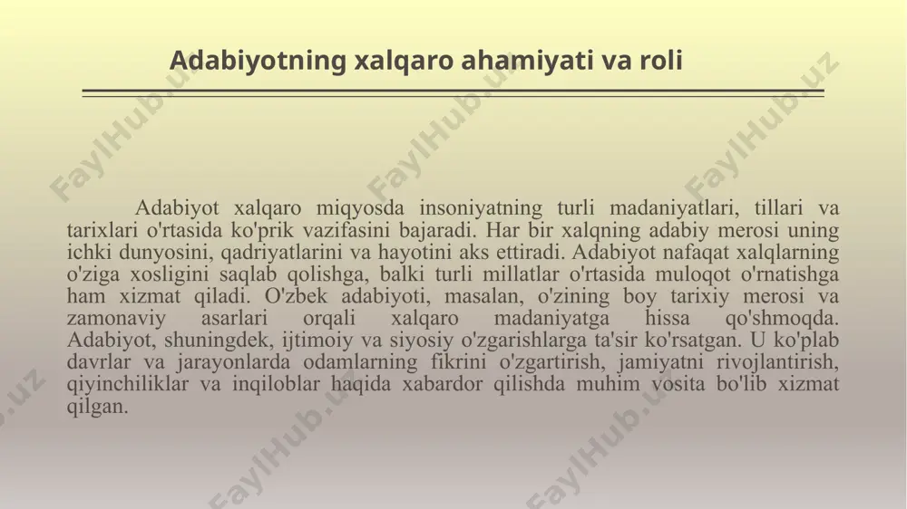 rini mutolaa qilish bilan o‘tkazmasak, haqiqiy hayotga yaqinroq bo‘la olmaymiz. 8 romanning kelajagi yozuvchilik uslubidagi muayyan bir urf­ga ergashishga bog‘liq emas; biror-bir iqtisodiy sharoitga ham bog‘liq emas. romanning kelajagi faqat ikkita xususiyatga bog‘liq. bu xususiyatlar ulug‘vorlik va jozibadorlikdir. jon golsuorsi har bir avlod o‘zini dunyoni qayta qurishga mas’ul, deb hisoblaydi. men mansub bo‘lgan avlod esa bunday qilolmasligini biladi. biroq uning vazifasi, ehtimol, undan-da kattaroqdir. bu vazifa yer kurrasi yo‘q bo‘lib ketishiga xalal berishdan iborat. alber kamyu 9 poeziya nafaqat dunyoni bilish, balki u hayotning o‘zi hamdir, butun borlig‘i bilan hayotning o‘zi. shoirlik qabilachilik zamonida yerto‘lalarda yashagan odamning qalbida ham bor edi, u atom asri odamining ruhida ham yashaydi… borki mavjudotga sadoqati bilan shoir bizga bizning dunyomizning boqiyligi va birligini his etishimizga yordam beradi… va agar shoir o‘z davrining xastalangan vijdonini gavdalantira olsa, unga boshqa talab yo‘q. sen-jon pers adabiyot muallifga insoniy ongni saqlab qolish imkonini beradi, adabiyot bizning o‘zimiz bilan …