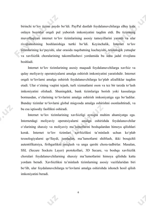ta’minlashni o‘z oldiga maqsad qilib qo‘yadi. mobil to‘lov tizimlari esa smartfonlar yordamida to‘lovlarni amalga oshirishga imkon beradi, bu ham foydalanuvchilarga qulaylik yaratadi. to‘lov tizimlarining turlari juda keng, va ular bir nechta asosiy guruhga bo‘linadi: bank kartalari, mobil to‘lovlar, elektron hamyonlar va kriptovalyutalar. bank kartalari – bu to‘lovlarni amalga oshirishning eng ommalashgan vositasi bo‘lib, ularning to‘lov tizimlari onlayn savdo platformalarida keng tarqalgan. mobil to‘lov tizimlari esa mobil ilovalar orqali amalga oshiriladi va bu tizimlar tez orada to‘lovlarni amalga oshirishda katta o‘rin egalladi. elektron hamyonlar esa internetda savdo qilishda yoki o‘zaro pul o‘tkazmalarini amalga oshirishda qulaylik yaratadi. kriptovalyutalar esa bu sohadagi yangi va innovatsion yo‘nalish bo‘lib, ular markazlashtirilmagan tizimlar sifatida, xavfsiz va tezkor tranzaksiyalarni amalga oshirishga imkon yaratadi. internet to‘lov tizimlarining keng tarqalishi, ulardan foydalanishning qulayligi va xavfsizligi iqtisodiyotning turli sohalarida katta o‘zgarishlarga olib keldi. ayniqsa, onlayn savdo, turizm, o‘qitish va boshqa sohalarda internet to‘lov tizimlarining roli muhim bo‘lib, ular xarid qilish …