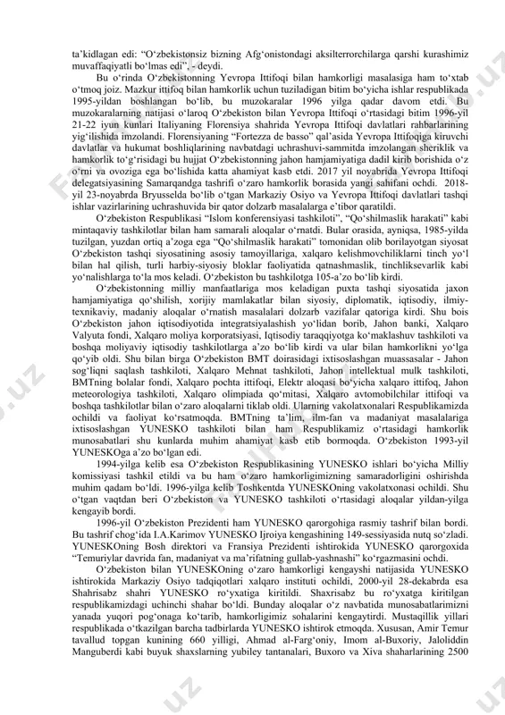 lan bir qatorda yana mintaqaviy xavfsizlik va barqarorlik, ekstremizm, terrorizm, narkobiznesga qarshi kurash masalalariga qaratdi. prezident muayyan “olovli nuqtalar” deb atalayotgan mintaqalarda birgalashib harakat qilib, tinchlik va barqarorlikka erishish lozimligi haqidagi aniq takliflarni kiritdi va o‘zbekiston “ommaviy qirg‘in qurollarini tarqatmaslikni ta’minlash bo‘yicha kerakli xalqaro kafolatlarni qabul qilishni, yadro sinovlarini butunlay to‘xtatish xaqidagi shartnomaning tezda tuzilishi tarafdori” ekanligini ham ko‘rsatib o‘tdi. ushbu yig‘ilishda orol dengizi qurishi bilan bog‘liq bo‘lgan global muammo ham ko‘tarildi. prezident i.a.karimov “orol dengizining qurishi bilan bog‘liq ekologik fojea, butun er yuzini qamrab oladigan biosfera, o‘nlab million kishilarning hayot sharoitlari, salomatligi, nasliga halokatli ta’sir ko‘rsatuvchi global muammo” ekanligini ko‘rsatib, bugungi kunda bmtning tashkilotchilik faoliyatisiz bu muammoni hal etish mumkin emasligini ham asoslab berdi. 1995-yil 16-sentyabrda toshkentda bmtning markaziy osiyoda xavfsizlik va hamkorlik masalalariga bag‘ishlangan seminar-kengashi ish boshladi. dunyoning ko‘p davlatlari ishtirok etgan bu seminarda o‘zbekiston rahbarining so‘zlagan nutqi bosh hujjat sifatida qabul qilindi. xalqaro munosabatlar ravnaqi mamlakatimizda xavfsizlik …