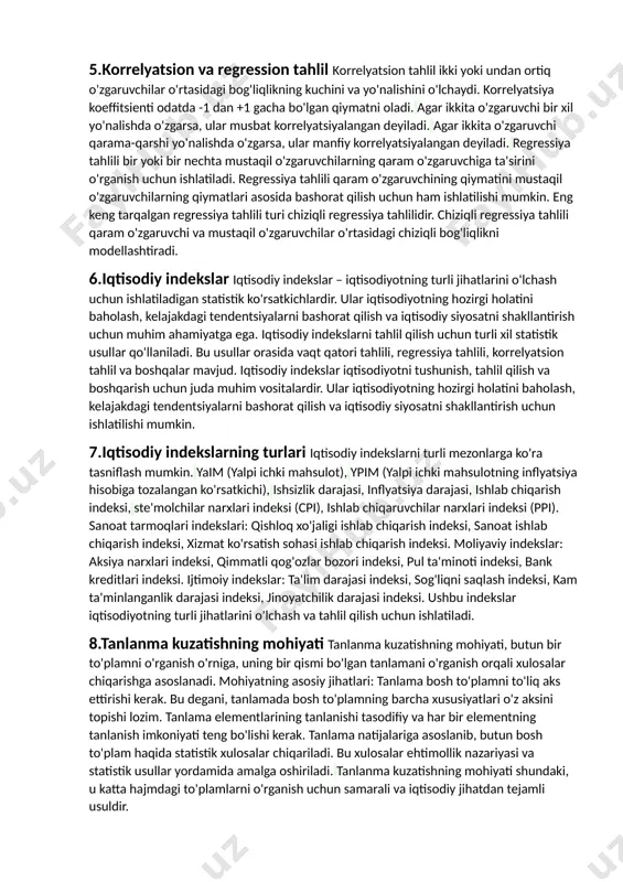 ни таҳлил қилиш учун жуда муҳим инструментдир. унинг ёрдамида келажакни башорат қилиш, иқтисодий ва ижтимоий сиёсатни ишлаб чиқиш ва қарорлар қабул қилишда илмий асосланган маълумотларга эга бўлиш мумкин. 4.variatsiya ko’rsatkichlari “variatsiya” so’zi lotincha “variatio” so’zidan kelib chiqqan bo’lib, o’zgarish, farq, tebranishni bildiradi. statistikada variatsiya deganda, o’zaro qarama-qarshi omillar ta’sirida bo’lgan, bir turli birlikdan tashkil topgan miqdoriy o’zgarishlarga tushuniladi. o’rganilayotgan belgining tasodifiy va surunkali (sistematik) variatsiyalari bo’lishi mumkin. tasodifiy variatsiyani boshqarib bo’lmaydi. surunkali variatsiyaga qisman bo’lsada, ta’sir o’tkazish mumkin. statistikaning muhim vazifalaridan biri faqatgina umumlashtiruvchi ko’rsatkichlarni (o’rtachalarni) hisoblash bilan cheklanmasdan, balki to’plam birliklarining o’rtachadan tafovutini, farqini, chetlanishini ham o’rganishdir. bu ishni statistika variatsiya ko’rsatkichlari yordamida bajaradi. 5.korrelyatsion va regression tahlil korrelyatsion tahlil ikki yoki undan ortiq o'zgaruvchilar o'rtasidagi bog'liqlikning kuchini va yo'nalishini o'lchaydi. korrelyatsiya koeffitsienti odatda -1 dan +1 gacha bo'lgan qiymatni oladi. agar ikkita o'zgaruvchi bir xil yo'nalishda o'zgarsa, ular musbat korrelyatsiyalangan deyiladi. agar ikkita o'zgaruvchi qarama-qarshi yo'nalishda o'zgarsa, ular …