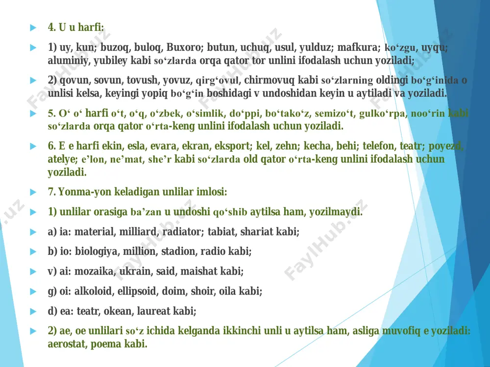 tgan edi, ketgan ekan, ketgan emish kabi. lekin mustaqil fe’l bilan yordamchi fe’l orasida tovush o‘zgarishi bo‘lsa, bunday qismlar qo‘shib yoziladi: aytaver (ayta ber), boroladi (bora oladi), bilarkan (bilar ekan) kabi.  bosh harflar imlosi  66. kishining ismi, ota ismi, familiyasi, taxallusi, ramziy atoqli oti bosh harf bilan boshlanadi: dilbar, o‘rinova, muhabbat majidovna, azamat shuhrat o‘g‘li, hamza hakimzoda, muhammadsharif so‘fizoda, mannon otaboy, navoiy, furqat; yelpig‘ichxon, salomjon alikov kabi.  ko‘chirish qoidalari  75. ko‘p bo‘g‘inli so‘zning oldingi satrga sig‘may qolgan qismi keyingi satrga bo‘g‘inlab ko‘chiriladi to‘q-son, si-fatli, sifat-li, pax-takor, paxta-kor kabi. tutuq belgisi oldingi bo‘g‘inda qoldiriladi. va’-da, ma’-rifat, mash’- al, in’-om kabi.  76. so‘zning bosh yoki oxirgi bo‘g‘ini bir harfdan iborat bo‘lsa, ular quyidagicha ko‘chiriladi:  1) so‘z boshidagi bir harfdan iborat bo‘g‘in yolg‘iz o‘zi oldingi satrda qoldirilmaydi: a-badiy emas, aba-diy, e-shikdan emas, eshik-dan kabi;  2) so‘z oxiridagi bir harfdan iborat bo‘g‘in yolg‘iz o‘zi keyingi satrga ko‘chirilmaydi: …