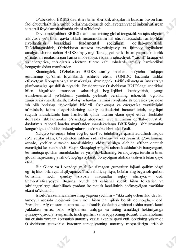 i bo‘yicha ham 1 milliard 230 million dollarlik dastur qabul qilingan. sohadagi yirik kombinatlarga mahalliy korxonalar o‘zaro manfaatli bog‘langan. avtosanoatda ham ushbu yo‘nalishda ishga solinmagan imkoniyatlar ko‘p. birgina qo‘shni davlatlarda avtomobil ehtiyot qismlariga yillik talab 1 milliard dollarni tashkil qiladi. mahalliylashtirish jarayonida narx bo‘yicha ham, sifat bo‘yicha ham raqobatdosh mahsulot chiqarib, eksportni ko‘paytirishga alohida e’tibor qaratish zarurligi ta’kidlandi. ushbu yo‘nalishlar bo‘yicha aniq loyihalar shakllantirib, imkoniyatlarni natijaga aylantirish zarurligi ta’kidlandi. sanoat tarmoqlari bilan hududlar o‘rtasida kooperatsiyani rivojlantirish, davlat xaridlarida mahalliy mahsulot va xizmatlar ulushini oshirish bo‘yicha takliflar bildirildi. yaqinda davlat-xususiy sheriklik tamoyili asosida 30 milliard dollarlik investitsiya loyihalari tasdiqlandi. bunda har bir sohaning imkoniyatlari ochib berilgan. jumladan, transport bo‘yicha 10 milliard dollar, ijtimoiy sohalarda 6 milliard dollar, kommunal tarmoqda 5 milliard dollarlik rejalar ko‘zda tutilgan. bu loyihalarga investorlarni jalb qilish, mablag‘larni samarali yo‘naltirish vazifalari qayd etildi. yig‘ilishda xorijiy investitsiyalar oqimi va kelgusi rejalar ham ko‘rib chiqildi. joriy yilning to‘qqiz oyida 23 …