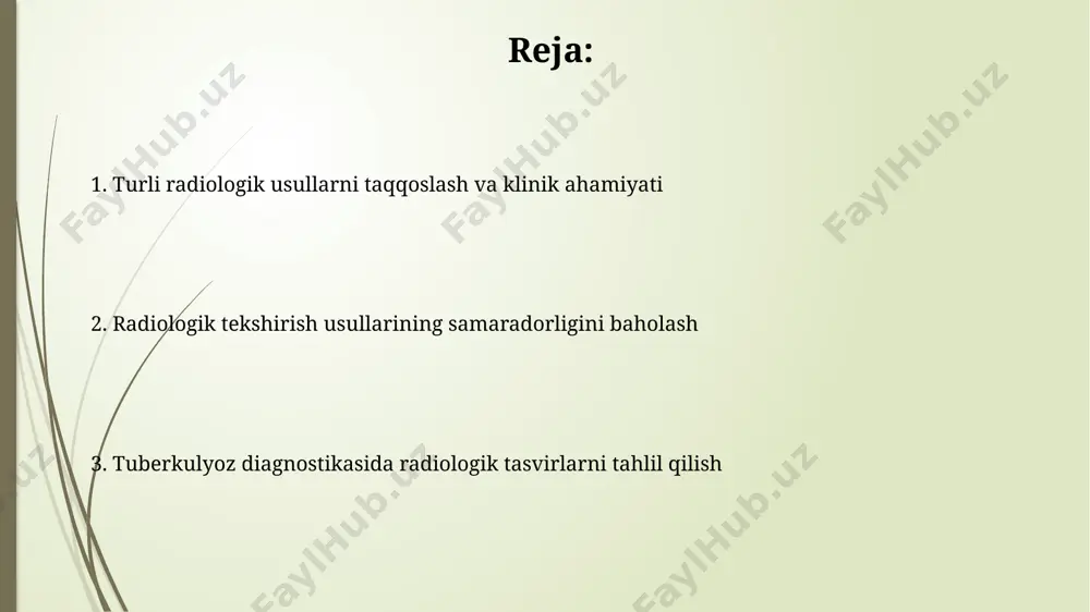 ulezni aniqlashda sezuvchanligi past (taxminan 50%), shuning uchun qo'shimcha tekshiruvlar talab qilinishi mumkin. ko'krak qafasi rentgenografiyasining axborotliligi rentgenogrammalarda o'pka tuberkulyozining turli xil shakllari (miliar, infiltrativ, kazeoz) har xil radiologik belgilar bilan namoyon bo'ladi, bu esa diagnostika aniqligini oshirishda muhimdir. ko'krak qafasi rentgenografiyasi o'pka tuberkulyozining 70-80% hollarda aniqlanishiga imkon beradi, ammo kichik o'choqlarni aniqlashda sezgirligi past bo'ladi. magnit-rezonans tomografiyaning (mrt) axborotliligi magnit-rezonans tomografiya (mrt) o'pka tuberkulyozining erta bosqichlarida yuqori aniqlikdagi tasvirlarni taqdim etadi, lekin uning sezuvchanligi taxminan 85-90% atrofida. mrt yordamida o'pka to'qimalarining anatomik tuzilishi va yallig'lanish jarayonlarining batafsil tavsifini olish mumkin, bu esa diferensial diagnostika uchun muhim ahamiyatga ega. xulosa va tavsiyalar кт ва рентгенография натижаларини таққослаш орқали, ўпка туберкулёзини аниқлашда ктнинг 30% га юқори сезувчанлиги аниқланди, бу эса унинг диагностик аҳамиятини таъкидлайди. тадқиқот натижаларига кўра, 50 та беморда ўтказилган текширувлардан кейин, дифференциал диагностика учун юқори аниқликдаги ямр ва пэт-кт методларини қўллашни тавсия этиш мумкин. e'tiboringiz uchun rahmat @taqdimot_robot image1.jpg …