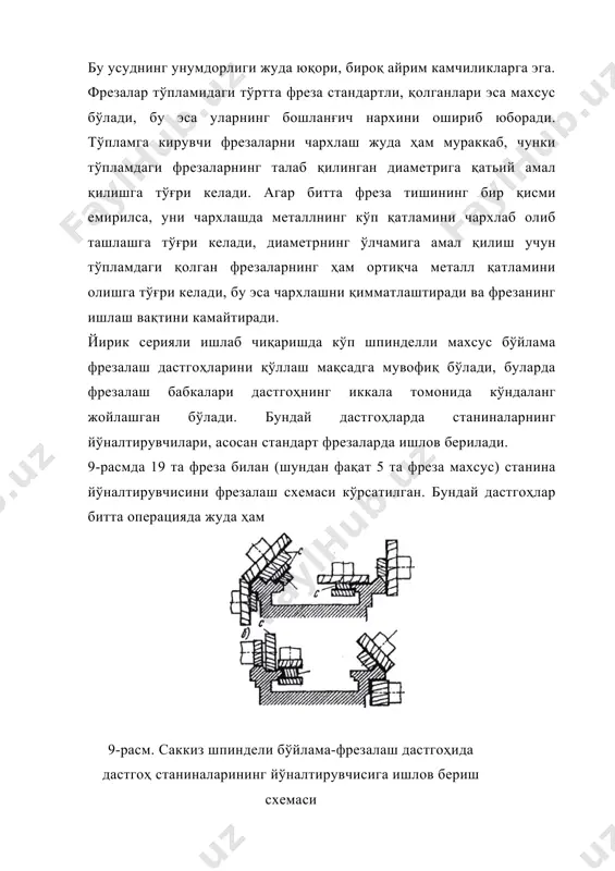 гандан кейин унинг қаттиклиги нrс 52 54 гача етади. юқори частотали тоқда тоблашда сирт қатлами қаттиклиги 2,5 мм чуқурликда нrс 45 52 гача бўлади. станина йўналтирувчиларга пардозловчи ишлов бериш асосан учта усулда: юпқа рандалаш, шаберлаш ва жилвирлаш орқали амалга оширилади. йўналтирувчиларни пардозлаш усули дастгоҳ ўлчамига, ўлчам аниқлиги ва сирт ғадир-будирлиги синфига ҳамда ишлаб чиқариш турига қараб танланади. юпқа рандалаш бўйлама рандалаш дастгоҳларида кенг кескичлар ёрдамида амалга оширилади. кескичнинг кесувчи тиғи 20 мм дан 100 мм гача бўлади, у деталнинг сиртига қатъий параллел ўрнатилиши керак. юпқа рандалаш учун қўйим 1 мм атрофида қолдирилади ва 2-3 ўтишда олинади. охирги ўтишда кесим чуқурлиги 0,03-0,07 мм, суриш тахминан кескичнинг кесувчи қирраси узунлигининг ярмига тенг, тез кесар кескичлар учун кесиш тезлиги 15-20 м/мин ва қаттиқ қотишмали кескичлар учун 40-60 м/мин, сирт ғадир-будирлиги тахминан rа бўйича 1,25 2,5 бўлади. ҳозирги пайтда станина йўналтирувчиларини шаберлаш якка тартибли ва майда серияли ишлаб чиқаришда қўлланилади. бу усулда текисликларнинг юқори …