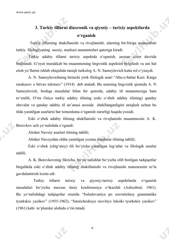 i bo‘yicha ta’lim olishi n. k. dmitriyevni rus va yevropa tilshunosligining yuksak natijalari bilan qurollantirdi. bu bilim n. k. dmitriyev amalga oshirgan turkologik tadqiqotlarda o‘z ifodasini topdi. andrey nikolayevich kononov (1906 yilda tug‘ilgan) ― universal rus turkologlar pleyadasi vakillaridan biri. u sharqshunoslik fani, xususan, uning tarkibiy qismi bo‘lmish turkiy filologiyaning ko‘zga ko‘ringan istoriografi. uning bu sohadagi dastlabki ishlari 50-yillarning boshlarida yuzaga keldi. shundan buyon a. n. kononov sharqshunoslik fani, turkiy filologiya tarixi bo‘yicha o‘nlab maqola e’lon qildi, bir qancha monografik tadqiqotlar yaratdi. a. n. kononov turkiy tillarni sinxronik aspektda tadqiq etishning yangi ilmiy sxemasini yaratgan olimlar qatoriga kiradi. uning bu yo‘nalishdagi faoliyati usmonli turk va o‘zbek tillari materialida amalga oshirildi. usmonli turk tili bo‘yicha olib borgan tadqiqotlari asosida 1934 yilda (x. javdatzoda bilan hamkorlikda) “grammatika sovremennogo turetskogo yazika” asarini nashr ettirdi. oradan yetti yil o‘tgach, a. n. kononovning “grammatika turetskogo yazika” asari (1941) maydonga keldi. 5. hozirgi o‘zbek tilshunosligi hozirgi …