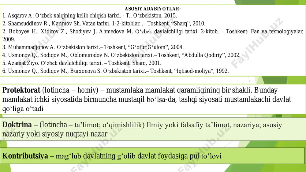 siyoda alohida general-gubernatorlikni tashkil qilish orqali uning geografik xususiyatlari, iqtisodi, tabiiy boyliklari, mineral resurslarini imperiya manfaatlariga har tomonlama moslashtirish edi. 18.06.2023 6 1867-yil 11-iyulda bosib olingan hududlarni o‘z ichiga oluvchi turkiston general-gubernatorligi tashkil qilindi va turkiston harbiy okrugi tuzildi. 18.06.2023 7 1847-yildan boshlab harbiy istilochilik yurishlarida ishtirok etgan barcha harbiy qismlar uning tarkibiga kiritildi. bu davrda turkiston harbiy okrugidagi harbiylar soni 40 ming kishidan iborat bo‘lgan. 18.06.2023 8 toshkent shahri general-gubernatorlikning markazi qilib belgilandi. 18.06.2023 9 u qulay geografik makonda joylashgan bo‘lib, harbiy, siyosiy, strategik maqsadlarni amalga oshirish uchun barcha imkoniyatlarga ega edi. 18.06.2023 10 turkiston general- gubernatorligiga 1867-yil rossiya imperatori farmoniga ko‘ra general- adyutant konstantin petrovich fon kaufman (1867-1881) tayinlandi. u bir paytning o‘zida turkiston harbiy okrugining qo‘mondoni ham edi. 18.06.2023 11 k.p.kaufman turkiston general-gubernatorligi turkiston viloyati va semipalatinsk viloyatining janubiy qismini ham o‘z ichiga oldi. 18.06.2023 12 dastlab turkiston general-gubernatorligi ma’muriy jihatdan ikkita viloyat: sirdaryo (markazi - toshkent) …