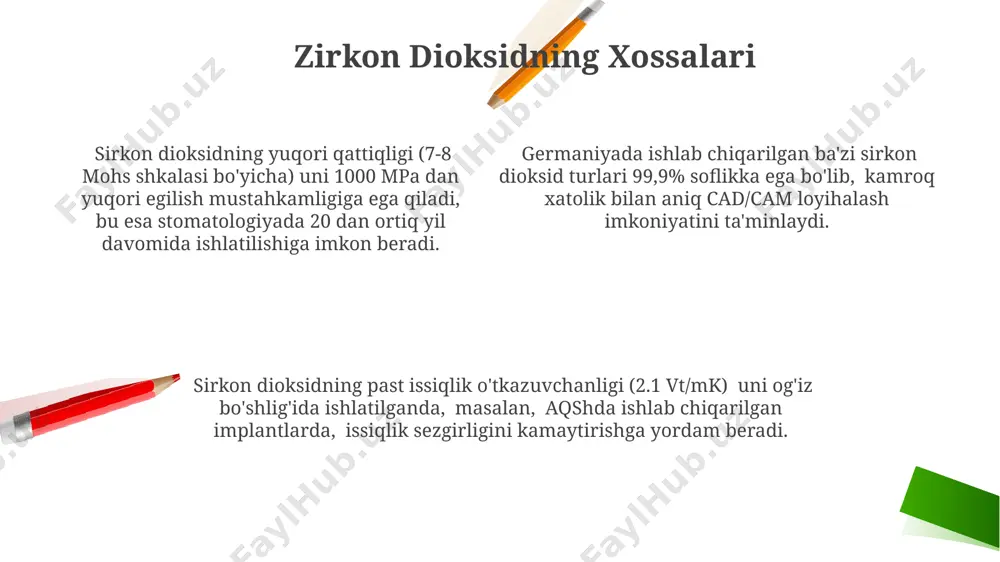 rkon dioksidni tayyorlash usullari gidrotermal usul yordamida, 200-300°c harorat va yuqori bosimda, suvli eritmalardan yuqori soflikdagi zirkon dioksid kristallari olinishi mumkin, bu texnologiya yaponiya olimlari tomonidan rivojlantirilgan. zirkon dioksidni olishning asosiy usullaridan biri, 1500-1700°c haroratda, yittriy oksidi qo`shilgan zro₂ changini sinterlash yo`li bilan amalga oshiriladi, bu jarayon germaniyada keng qo`llaniladi. sol-gel usuli, zirkonium alkoxidi kabi prekursordan foydalanib, 500-800°c haroratda zirkon dioksidning nano-kukunini olish imkonini beradi, bu rossiyaning ba'zi ilmiy markazlarida tadqiq qilinmoqda. sifat nazorati toshkentdagi laboratoriya sinovlari natijalariga ko'ra, cad-cam tizimida ishlov berilgan tsirkoniy dioksid namunalarining 95% dan ortig'i 500 mpa dan yuqori siqish kuchiga ega ekanligi aniqlandi. "sifat nazorati" jarayonida tsirkoniy dioksidning 99,9% sofligiga erishish uchun 3 bosqichli filtrlash tizimi, shu jumladan, germaniyadan olingan maxsus filtrlar qo'llaniladi. sifat nazorati doirasida, xalqaro standartlarga (iso 13485) muvofiq, 1000 dan ortiq tsirkoniy dioksid namunalari mexanik va kimyoviy tahlillarga samarqanddagi sertifikatlangan mutaxassislar tomonidan tekshiriladi. dizayn va modellashtirish jarayoni dizayn va modellashtirish jarayonining yakuniy …