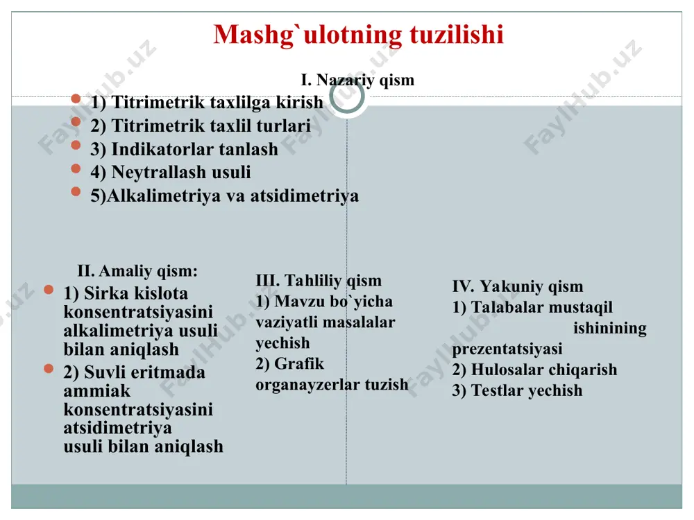 manganat bilan kislotali muxitdagi reaksiyasini yozing, tenglashtiring, oksidlovchi va qaytaruvchini ekvivalentini toping, reaksiya turini aniqlang xajmiy analizda ishlatiladigan xisoblash formulalarini yozing va tushintiring taxliliy qism vaziyatli masalalar: oksidlanish-qaytarilish reaksiyalari ustida ishlash kaliy xloratning parchalanish reaksiyasini yozing, tenglashtiring, oksidlovchi va qaytaruvchini ekvivalentini toping, reaksiya turini aniqlang nitrit kislotaning parchalanish reaksiyasini yozing, tenglashtiring, oksidlovchi va qaytaruvchini ekvivalentini toping, reaksiya turini aniqlang xlorni suvda erishining reaksiyasini yozing, tenglashtiring, oksidlovchi va qaytaruvchini ekvivalentini toping, reaksiya turini aniqlang oltingugurtni sulfat kislota bilan reaksiyasini yozing, tenglashtiring, oksidlovchi va qaytaruvchini ekvivalentini toping, reaksiya turini aniqlang ammoniy nitrit parchalanishining reaksiyasini yozing, tenglashtiring, oksidlovchi va qaytaruvchini ekvivalentini toping, reaksiya turini aniqlang pirit oksidlanishining reaksiyasini yozing, tenglashtiring, oksidlovchi va qaytaruvchini ekvivalentini toping, reaksiya turini aniqlang amaliy kunikmalarni bajarish buyicha xarakat algoritmlarini namoish etish: permanganatometriya usuli bilan mor tuzi tarkibida fe2+ ionining konsentratsiyasini aniqlash maqsad: titrlash yо‘li bilan eritma konsentratsiyasini aniqlashga о‘rgatish permanganatometriya usuli bilan vodorod peroksidning konsentratsiyasini aniqlash permanganatometriyada ekvivalent …