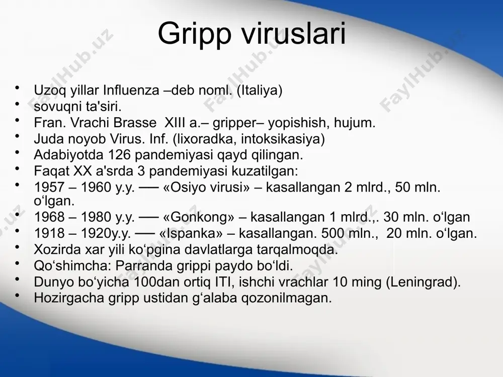 ash. profilaktikasi maxsus profilaktikasi: vaksinasi yo’q. morbillivirus – qizamiq virusi. o’tkir virusli infeksiya isitma, intoksiksiya, og‘iz bo‘shlig‘i, ko’z va nafas yo’llari shillik qavati katari kuzatiladi. bu qadimiy kassalliklardan biri bo‘lib-ix asrdan ma’lum og‘ir kechadi va 3 yoshgacha bo‘lgan bolalarda letallik darajasi yuqori (20-42% rivojlangan davlatlarda) 1846 g. yosh bolalardan qarilargacha bu o‘tkir kasallikning kechishini o‘rgangan. patogenezi infeksiya manbai: kasal odam yashirin davri oxirida kasallik avjining 4 chi kunigacha. kasallik havo tomchi yuli bilan yuqadi. beriluvchanlik 99.6% har qanday yoshda. virusning limfoid to‘qimaga yuqishi va adaptasiyasi limfoid. infeksiyaning tarqalish fazasi.. hamma limfoid organlarda birlamchi virusemiya fazasi.. ikkilamchi virusemiya va allergik reaksiyalar fazasi. patogenez parchalanish maxsulotlariga allergiya. natijada vena kapillyarlarining zararlanishi. ularning utkazuvchanligining buzilishi. shish (nekroz). natijada tomirlar atrofidagi yallig‘lanish o‘chog‘ida toshmalar paydo bo‘ladi. patogenez dastlab lunj shilliq qavatida yuzaga keladi. (filatov- koplik dog’i) 5 fazada qarshi immunitet x\b qizamiq virusi kuchli immunodepres. shuning uchun rinit, kon'yuktivit, stomatit, otit va b. kelib …