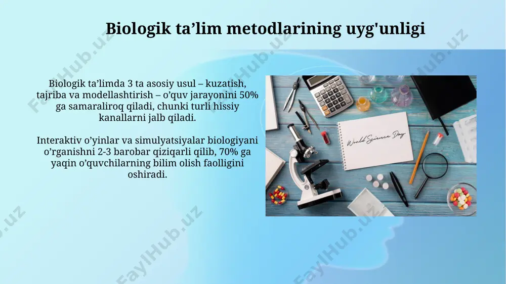 ta'limining mazmuni 10 yoshgacha bo'lgan bolalar uchun 3 ta asosiy mavzuni o'z ichiga olishi, metodlar esa o'yinlar, amaliy mashg'ulotlar va kuzatishlar orqali amalga oshirilishi kerak. o'rta maktabda, ekologik muammolarni o'rganishda, loyihaviy uslub va kompyuter simulyatsiyasi kabi zamonaviy metodlar qo'llanilsa, mazmun yanada samarali o'zlashtiriladi va 20% ga ko'proq bilim o'zlashtiriladi. biologik ta’lim mazmunining uyg'unligi biologik ta’lim mazmuni o‘quvchilarning 3 bosqichli kognitiv rivojlanishini (bilish, tushunish, qo‘llash) hisobga olgan holda tuzilishi kerak. mazmun 70% amaliy mashg‘ulotlar va 30% nazariy bilimlar nisbatini ta’minlab, o‘quvchilarning faol ishtirokini ta’minlashi zarur. metodlar va vositalarning uyg'unligi oʻquv jarayonida 5 ta asosiy metod (demonstrativ, izohlovchi, muammoli, amaliy, loyihaviy) va kamida 2 ta vosita (darslik, kompyuter) bir-birini toʻldiruvchi holda qoʻllanilishi kerak. biologiya ta’limining samaradorligi 30% metodik qoʻllanmalarning sifatiga, 40% esa zamonaviy vositalardan (interaktiv doskalar, simulyatorlar) foydalanishga bogʻliq. e'tiboringiz uchun rahmat @taqdimot_robot image2.jpg image3.jpg image4.jpg image5.jpg image6.jpg image7.jpg image8.jpg image9.jpg image10.jpg image11.jpg image12.jpg image13.jpg image1.png