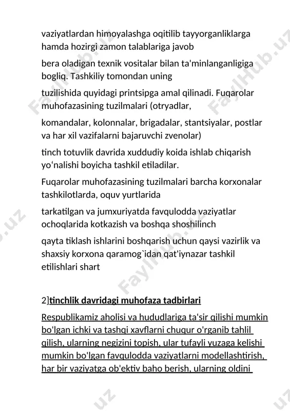 ga ob'ektiv baho berish, ularning oldini olish borasida qilinayotgan ishlarni amalga oshirish, har bir soha yo'nalishi bo'yicha qutqaruv xizmatlari va tuzilmalar shayligini ta'minlashdan iborat. favqulodda vaziyatlarning oldini olish va ishlab chiqilgan profilaktik tadbirlarni amalda qo'llash uchun fvv markazi tomonidan har oyda, yarim yillikda va bir yilda bir marta favqulodda vaziyatlar monitoringi olib borilib, atroflicha tahlil etib kelinmoqda. respublikamizda iiv tomonidan “yong'in xavfsizligi” bo'yicha quyidagi chora- tadbirlar amalga oshirilmoqda: 1. uyushgan jinoyatchilik, terrorizm va narkotrafikka qarshi kurashni kuchaytirish. 2. tezkor qidiruv xizmatlari va tergov bo'limlarini mustahkamlash. 3. yo'l xarakati havfsizligini ta'minlash va patrul-post xizmati faoliyatini takomillashtirish. 4. yong'in xavfsizligini oldini olishni takomillashtirish. 5. zilzila oqibatlarini kamaytirishni maqsadli dasturini takomillashtirish. 6. qish, bahor va yoz mavsumida xavfli geologik jarayonlarni kuzatishni kuchaytirish. 7. xavfli gidrometeorologik jarayonlarni oldini olish. 8. atrof muhitni zararli moddalar bilan ifloslantirishni oldini olishni kuchaytirish. 9. o'zbekiston respublikasi hududida biologik xususiyatdagi favqulodda vaziyatni bashoratlashni takomillashtirsh. 10. elektr tarmoqlari tufayli yuzaga …