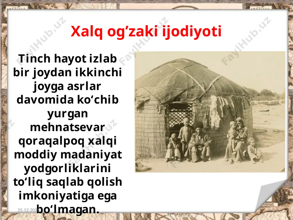 lgan bo‘lsa, keyingi bosqichda diniy-huquqiy bilimlar o‘qitilgan. 24.08.2020 9 xix asr oxirida qoraqalpoqlarning yozma asarlari rivojlana boshladi. qoraqalpoq shoirlari kunxo‘ja (1799–1880), otash olshinboy (1788– 1875), ajiniyoz (1824–1878) kabilarning nomlari keng tanildi. ular bilimdon, o‘z taqdirini xalqi taqdiri bilan bog‘lagan kishilar edi. 24.08.2020 10 ajiniyoz ajiniyoz qasiboy o‘g‘li (taxallusi zevar) mo‘ynoqdagi eski maktabda, so‘ngra xivadagi sherg‘ozixon madrasasida o‘qigan. qoraqalpoq ziyolilari orasida birinchilardan bo‘lib oxund (o‘qimishli, ilmli kishi; xalq dostonlarining mahoratli kuychisi) darajasiga erishgan. 24.08.2020 11 o‘zbek, qozoq, turkman tillarini yaxshi bilgan. shoirning «bo‘zatov» dostonida qoraqalpoq xalqining hayoti, ayniqsa, ularning yurtma-yurt ko‘chib yurish jarayoni bilan bog‘liq voqealar katta mahorat bilan tasvirlangan. ajiniyoz adabiy merosidan bizga 100 ga yaqin she’rlar va dostonlar yetib kelgan. 24.08.2020 12 berdaq (1827–1900) qoraqalpoqlarning buyuk shoiridir. u qo‘ng‘irot urug‘iga mansub bo‘lib, orol bo‘yida tug‘ilgan. ovul maktabida, so‘ngra qoraqum eshon madrasasida o‘qigan. 24.08.2020 13 berdaq berdaq o‘z ijodini xalqi uchun o‘lmas asarlar yaratishga bag‘ishladi. 24.08.2020 14 she’rlaridan biri ham …