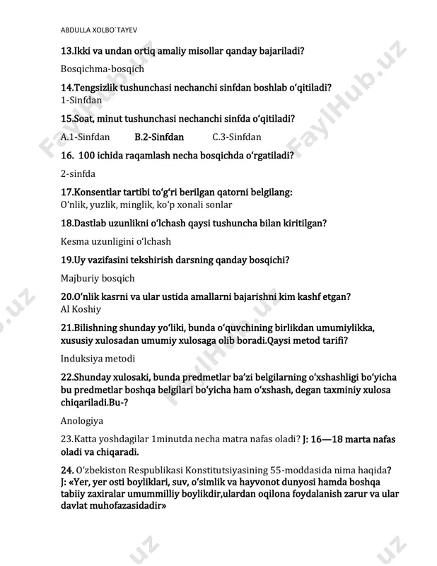 di.qaysi metod tarifi? induksiya metodi 22.shunday xulosaki, bunda predmetlar ba’zi belgilarning o‘xshashligi bo‘yicha bu predmetlar boshqa belgilari bo‘yicha ham o‘xshash, degan taxminiy xulosa chiqariladi.bu-? anologiya 23.katta yoshdagilar 1minutda necha matra nafas oladi? j: 16—18 marta nafas oladi va chiqaradi. 24. o‘zbekiston respublikasi konstitutsiyasining 55-moddasida nima haqida? j: «yer, yer osti boyliklari, suv, o‘simlik va hayvonot dunyosi hamda boshqa tabiiy zaxiralar umummilliy boylikdir,ulardan oqilona foydalanish zarur va ular davlat muhofazasidadir» abdulla xolbo`tayev 25. o‘zbekiston respublikasi qizil kitobi»ning 1-jildi o‘lkamizdagi noyob o‘simliklarga bag‘ishlangan bo‘lib nechta o`simlik kiritilgan? j : unda 302 ta o‘simlik turi o‘rin olgan (3-sinf kitobi) 26. ««o‘zbekiston respublikasi qizil kitobi»ning 2-jildiga qanchabhayvon kiritilgan? j : 200 dan ortiq hayvon turlari kiritilgan. ( 3-sinf kitobi) 27.yulduz nima? j : yulduz bizdan nihoyatda olisda olovdek yonib turgan shar shaklidagi ulkan osmon jismidir. 28.yulduzlardan tarqalayotgan nurlar qancha masofani bosib o`tadi ?j: 1 sekundda 300 000 kilometr masofani bosib o‘tadi. 29. yulduzning nuri …