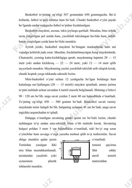 hnat qilib to‘p tushirsinlar. savat shitga mumkin qadar puxta o‘rnatiladi. temirdan yasalgan ikki tomoni qayirma mix bilan mustahkamlanadi. shit oddiy taxtalardan yasalishi yoki atrofi temirli oynasimon plastik materialdan ishlanishi mumkin.05 , 1 m 1 ,80m 0 ,59 m 0 , 45 m agarda haqiqiy halqa topilmasa, unda halqani qo‘lbola qilib yasash ham mumkin. qo‘lda yasalgan shitni 1,8 · 1,05 metrli halqali savati bilan maydonning yon chizig‘iga o‘rnatilgan ustunga mahkamlash mumkin (54-rasm). bordi-yu, buning ham iloji bo‘l- masa, bitta savatni devorga yoki ustunga o‘rnatib qo‘yilsa, shunda ham asosiy o‘yinlarni o‘rgatish va ikki tomonli mashg‘ulotni o‘tkazish mumkin. basketbol maydoni va uning o‘lchamlari haqida basketbol maydonining markaziy chizig‘i ikki tomonni, ya’ni jamoangizni hujum va himoya zonalariga ajratib turadi. maydonning yarim halqadan boshlab markaziy chiziqqacha raqibning oldingi zonasi hisoblanib, ikkinchi yarmi sizning himoya zonangizdir. basketbol maydonining jarima to‘pi tashlanadigan qismi 3 soniyalik zona deyiladi yoki chegaralangan zona deb ataladi. sababi, sizning jamoangiz to‘p bilan …