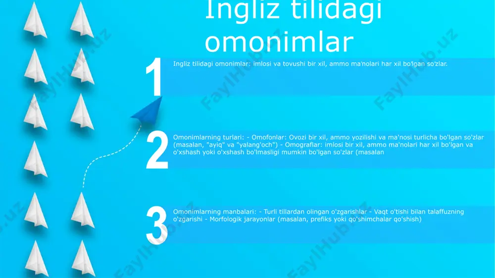 a yoki konvertatsiya kabi jarayonlar orqali olinganida yuzaga keladi. (masalan, otni "nur" va fe'lni "nur") polileksemalar: bular yozilishi va talaffuzi bir xil bo'lganidan tashqari, ular orasida ko'rinadigan munosabati bo'lmagan bir nechta ma'noga ega bo'lgan so'zlardir. (masalan, "adolatli", "adolatli ob-havo" va "odil sochlar" kabi) e'tiboringiz uchun rahmat @taqdimot_robot image12.jpg image3.jpg image2.jpg /docprops/thumbnail.jpeg