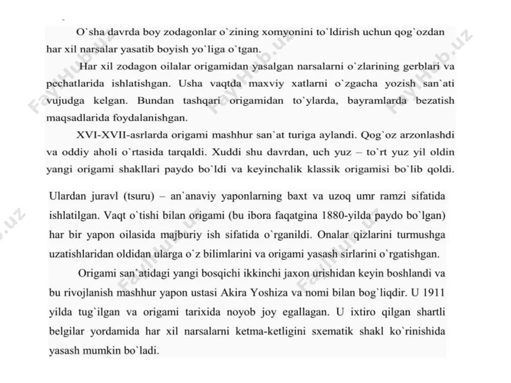 iladi. vasi qog`oz turi boshqa qog`ozlarga nisbatan kattiqroq bo`lib u asosan yog`ochdan tayyorlanadi. yaponiyadagi ko`p san'at turida ushbu vasi qog`oz turidan foydalaniladi. vasi qog`oz turi edgeworthia papyrifera po`stlog`idan undan tashqari bambuk, guruch va bug`doy poyalaridan tayyorlanadi. asosan origami san'at turida kvadrat qog`oz turidan ko`proq foydalaniladi. lekin to`g`ri to`rt burchak, besh burchak, olti va sakkiz burchakli qog`ozlardan ham foydalaniladi. shunday qilib origami faqatgina bo`sh vaqtni to`g`ri o`tkazishdan iborat bo`lmay u insonning aqlini charxlaydi, ijodkorlik qobiliyatini shakllantiradi, fikrlarni bir joyga jamlashga yordam beradi. image1.png image2.png image3.png image4.png image5.png image6.png image7.png image8.png image9.jpeg image10.png image11.png image12.png /docprops/thumbnail.jpeg