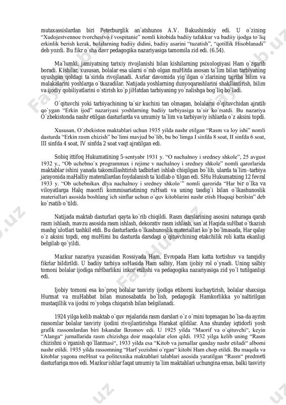 muhammad nur, shomuxammad nishopuriy, yusuf mullo, mir ali, rizo abbosiy, mahmud muzaxxib, mavlono yoriy, xasan bag`dodiy, abdulla sheroziy, darvesh muhammad, mir said ali, qosim ali, xeraviy singari o`nlab iste`dodli musavvirlarni tarbiyalaganligini yozadi. uning shogirdlari behzodning tasviriy san`at uslubini davom etirganlari ham rasmiy ma`lumotlardan ayon. o`zbekistonda hozirgi zamon ta`lim tizimining paydo bo`lishi xx asrning birinchi choragiga to`g`ri keladi. rossiyada oktyabr inqilobi so`zsiz uning mustamlakasi hisbolangan turkistonga ham katta ta`sir ko`rsatadi. yangi tuzum o`zini ko`rsatish maqsadida e`tibordan chetda qolgan chorizimning mustamlaka o`lkalariga e`tibor qaratdi. shu maqsadda u bir guruh fan va madaniyat vakillarini turkistonga yubordi. shulardan bir guruhi sankt-peterburg va moskvalik rassomlar edilar. ularning bir qismi ijodiy ish bilan shug`ullansalar, ayrimlari yoshlar badiiy ta`limiga o`z e`tiborlarini qaratdilar. bu rassomlar turkistonning yirik shaharlarida badiiy studiyalar tashkil etdilar, o`z asarlarining ko`rgazmalarini o`tkazdilar. 1918 yilda toshkentda badiiy kommuna ochiladi, bir yildan keyin samarqandda turkiston o`lka badiiy xalq maktabi ishga tushadi. 1920 yilda andijonda rangtasvir maktabi, …