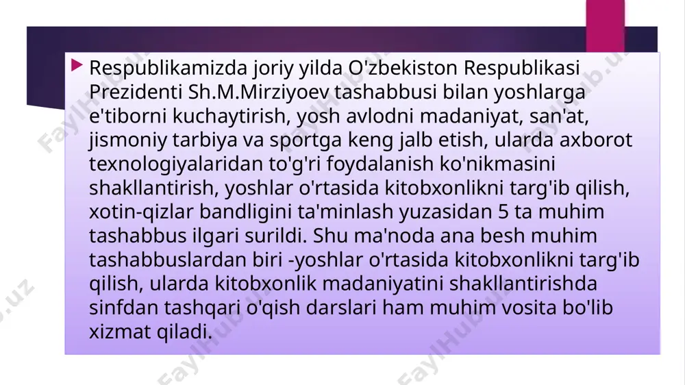 il mutolaaga rag'bat uyg'otishga ko'ra alohida ahamiyat kasb etadi. boshlang’ich sinflarda sinfdan tashqari o’qishga kichik yoshdagi o’quvchilarni ona tilini puxta o’zlashtirishga tayyorlashning ajralmas qismi, ta’lim jarayonoda ularni ahloqiy-estetik tarbiyalashning muhim vositasi sifatida qaraladi. sinfdan tashqari o’qishning maqsadi-kichik yoshdagi o’quvchilarni bolalar adabiyoti va xalq og’zaki ijodining xilma-xil namunalari bilan tanishtirish, ularda kitobxonlik madaniyatini tiklab tarkib toptirishdir. sinfdan tashqari o’qish dasturining mazmuniga ko’ra ta’limning har bir bosqichida ikki asosiy bo’lim ajratiladi: 1-bosqichda o’qish doirasi, ya’ni o’qitiladigan kitoblar va ularni qaysi tartibda o’qish bilan tanishtirish yuzasidan o’quvchilarga ko’rsatma beriladi. 2-bosqichda shu o’quv materiallari asosida bilim, ko’nikma va malakalar shakllantiriladi.umumiy o’rta ta’limning davlat standartlari va o’quv dasturiga ko’ra 1- sinfda sinfdan tashqari o’qish mashg’ulotlarida savod o’rgatish darslarida hosil qilingan ko’nikma va malakalar asosida bolalarning ona-vatan, istiqlol, milliy qadriyatlar haqidagi tasavvurlar-tushunchalari kengaytiriladi, boyitiladi.sinfdan tashqari o’qish va qiroatxonlik saboqlari 1-sinfda haftada 1 marta saboq o’rgatish darslarining 20 daqiqasida bolalar badiiy adabiyoti bilan tanishtiriladi. maqsad kichik yoshdagi …
