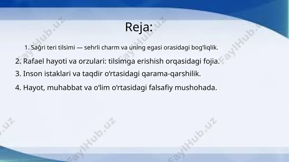 a insonning ichki kurashi va tashqi dunyo bilan munosabatlarini aks ettiradi. charm, o‘zining sehrli qudrati orqali, egasiga vaqtincha kuch va imkoniyatlar beradi, lekin bu kuchning ta'siri uzoq muddatda egasining ruhiy holatiga ta'sir ko‘rsatadi. charmning hech qanday muqobil yo‘li yo‘q: u egasini bir tomondan hayajonlantiradi, boshqa tomondan esa uning haqiqiy xohishlarini va axloqiy qadriyatlarini yo‘q qiladi. bu bog‘liqlik, insonning o‘zligini yo‘qotish va uni qaytarish o‘rtasidagi muvozanatni o‘rganishga olib keladi. roman orqali sehrli charm va egasi o‘rtasidagi zid munosabatlar, insonning ichki qarorlaridagi to‘siqlarni va o‘zini anglash yo‘lini ko‘rsatadi. 2. rafael hayoti va orzulari: tilsimga erishish orqasidagi fojia. romanning markazida rafael ismli bosh qahramon o‘z orzulariga erishish uchun barcha ehtimoliy yo‘llarni sinab ko‘rishga tayyor. u, hayotidagi barcha murakkabliklarni va qiyinchiliklarni yengish uchun sehrli charmga ega bo‘lishni orzu qiladi. bu charm unga kuch va imkoniyatlar berishi, lekin unga o‘zi kutgan baxtni keltirishi mumkin deb o‘ylaydi. rafaelning orzulari va amallarining ortida insonning ichki bir dunyosi …