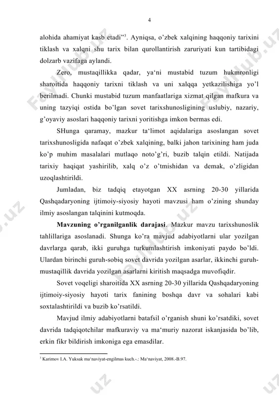 beradigan monografik tadqiqot bo’lib hisoblanadi. shunday qilib, mustaqillik davridagi tadqiqotlarda ilk bor xx asrning 20-30 yillarida qashqadaryoning ijtimoiy-siyosiy hayoti muammolarining kam o’rganilgan jihatlariga e‘tibor qaratildi va haqqoniylik, xolislik tamoyillariga asoslanib myoritildi. malakaviy ishning maqsad va vazifalari. mazkur bitiruv ishning asosiy mohiyatidan kelib chiqqan holda, belgilangan tarixiy davriy doirada qashqadaryoning ijtimoiy-siyosiy hayotiga doir masalalarni xolisona tahlil qilish malakaviy ishning bosh maqsadini tashkil etadi. qo’yilgan asosiy maqsaddan kelib chiqqan holda quyidagi vazifalarni yoritish belgilandi: -xx asrning 20-30 yillarida o‘zbekistonning ijtimoiy-siyosiy hayoti: muammo va yechimlarni izohlash; -sovet hokimiyatining 20-30-yillarida o‘zbekistonda amalga oshirgan ijtimoiy-siyosiy tadbirlari va ularning mustamlakachilik mohiyatini tahlil etish; -qashqadaryoning ijtimoiy ahvoli: muammo va oqibatlari (xx asrning 20-30 yillari)ni yoritish; -xx asrning 20-30-yillarida qashqadaryoda sovet hokimiyatiga qarshi siyosiy jarayonlarni bayon qilish; -qashqadaryoning sovet hokimiyatiga qarshi milliy ozodlik kurashini aks ettirish; -qashqadaryo viloyatining ijtimoiy-siyosiy holati (1920- 1930 yy.)ni ochib berish. malakaviy ishning nazariy metodologik asosi. o’zbekiston respublikasi prezidenti i.a.karimovning asarlari, xususan milliy istiqlol …
