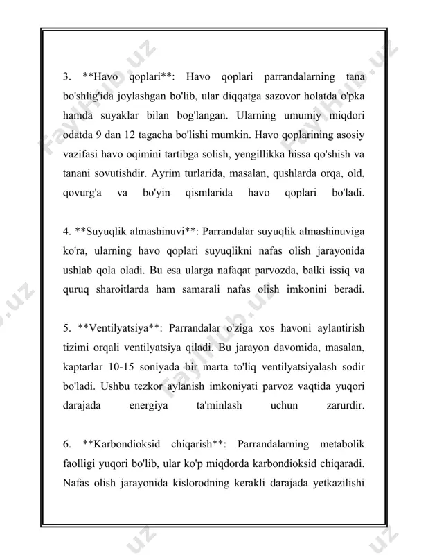 kislorod o‘zlashtirish imkonini beradi. - **maxsus struktura**: havo qoplarga ega bo‘lish, bu tizimning samaradorligini oshiradi, chunki imkon berilgan havo ikkala nafas olish va chiqarish davomida doimiy oqim orqali quartz hosil qiladi. parrandalarning nafas olish tizimi ularga uchish qobiliyatini taqdim etadi va yuqori samarali havo almashtirishi mosligini ta’minlaydi. bu organlar nafas olish paytida havo oqimini tartibga soladi va har bir nafas olish jarayonida yangi kayfiyatli kislorodni olishga yordam beradi. 3. ikkilamchi nafas olish jarayoni ikkilamchi nafas olish jarayoni, ya'ni qisqa muddat davomida paydo bo'ladigan va ko‘p hollarda tabiiy ravishda o‘z-o‘zidan yo‘qoladigan nafas olishning buzilishi holati. u ko‘pincha chaqaloqlar va kichik yoshdagi bolalarda uchraydi, lekin ba'zan kattalarda ham kuzatilishi mumkin. ikkilamchi nafas olish jarayonining sabablari ko‘plab omillarga bog‘liq bo‘lishi mumkin. bular orasida asab tizimidagi muammolar, nafas olish yo‘llarining torayishi, yuqumli kasalliklar, allergik reaktsiyalar va atrof-muhit ta'siri kiradi. bolalarda esa odatda nafas olish yo‘llari hosilalarining rivojlanishi yoki ularning tariflanmasligi sabab bo‘ladi. mos ravishda, …