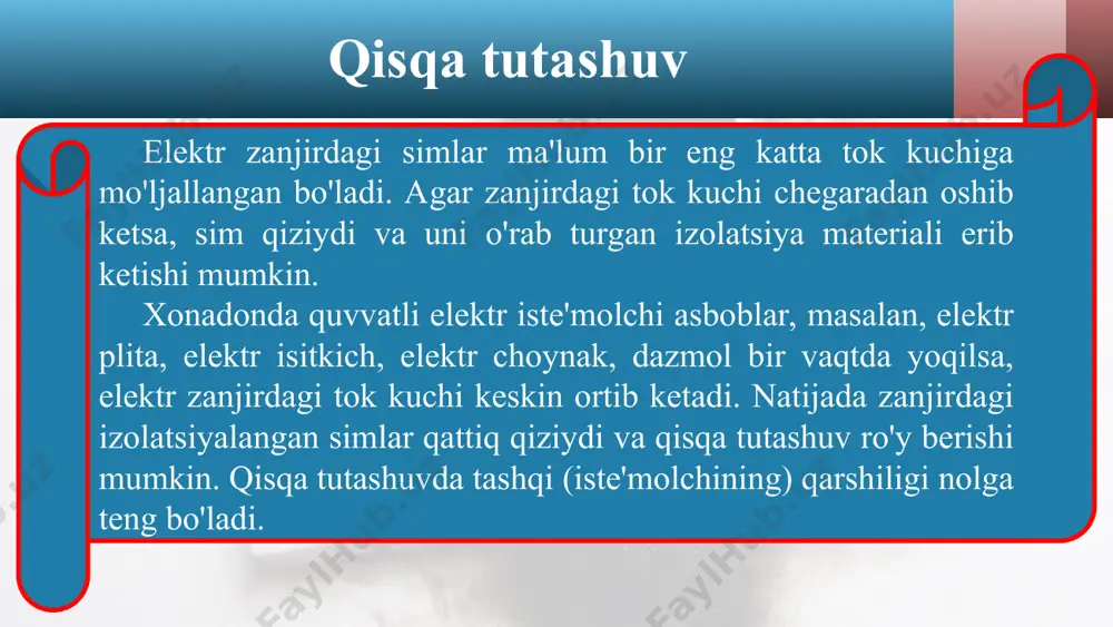 irinchi navbatda, odamni tok ta'siridan xalos qilish kerak. jabrlamivchini tok ta'siridan qutqargach, darhol uni chalqanchasiga yot-qizish, nafas olishga xalaqit qilayotgan tugmalarini yechish kerak. agar nafas olishi to'xtagan bo'lsa, sun'iy nafas oldirish lozim bo'ladi. shu bilan bir vaqtda tez tibbiy yordamni chaqirish yoki jabrlanuvchini zudlik bilan davolash muassasasiga olib borish choralarini ko'rish zarur, odam tanasi uchun necha voltdan yuqori kuchlanish xavfli hisoblanadi? ko'chada elektr tarmog'i simi uzilib yotgan bo'lsa, nima qilish kerak? xonadonda devorga mix qoqishdan avval nimaga e'tibor berish lozim? rozetka teshigiga va lampochkasiz patronga nima uchun metall buyum-larni tiqish xavfli? xonadon elektr zanjiridagi shikastlangan joyni ta'mirlashdan avval nima qilish kerak? elektr toki urgan odamga qanday birinchi yordam ko'rsatiladi?