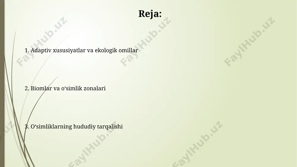 o'simliklari, jumladan, qamish va yantoq, o'zbekistonning amudaryo va sirdaryo havzalari bo'ylab joylashgan yarim cho'l zonasida uchraydi. suv o'simliklari amudaryo va sirdaryo daryolari bo'ylarida 50 ga yaqin suv o'simliklari turi, ularning orasida turli xil suv o'tlarining 15 dan ortiq turlari mavjud bo'lib, bu hududdagi suv hayotining muhim tarkibiy qismini tashkil qiladi. qoraqalpog'iston respublikasining aral dengizi atrofidagi botqoqlik hududlarida 30 dan ziyod halofit (sho'rlangan yerlarda o'sadigan) suv o'simliklari turlari, jumladan, 8 xil turdagi qamish o'simliklarini kuzatish mumkin. tog' o'simliklari qorako'l tog' tizmasida, taxminan 2500-4000 metr balandliklarda, 100 dan ortiq tog' o'simliklari turi, jumladan, daraxtsimon butalar va o'tlar uchraydi, ulardan 15 tasi faqat shu hududda mavjud. tog' o'simliklari, balandligi 3000 metrdan yuqori bo'lgan olay tog'larida, asosan, butalar va o'tsimon o'simliklar, shuningdek, 50 ga yaqin endemik turdagi o'simliklar bilan ifodalanadi. e'tiboringiz uchun rahmat @taqdimot_robot image1.jpg image2.jpg image3.jpg image4.jpg image5.jpg image6.jpg image7.jpg