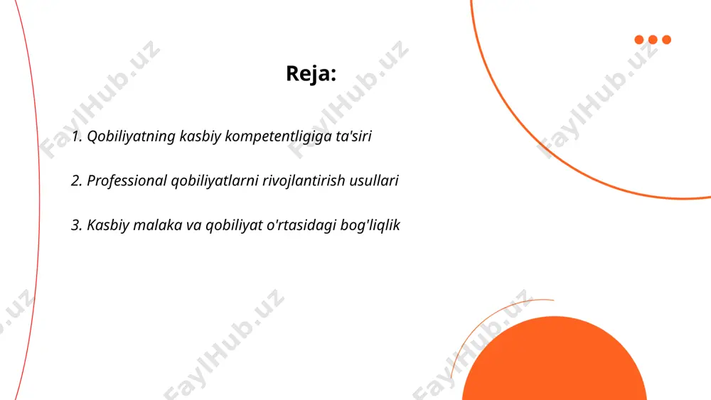h miyani rivojlantiradi va tanqidiy fikrlash darajasini oshiradi. texnologiyani bilish ham muhim, bugungi kunda it ko'nikmalarini ega bo'lganlar ishga joylashishda 30-40% ko'proq imkoniyatga ega. ... t.me/slaydai_bot kasbiy malaka va qobiliyat o'rtasidagi bog'liqlik murakkab va ko'p qirrali. tadqiqotlar shuni ko'rsatadiki, yuqori kasbiy malakaga ega bo'lgan shaxslar o'z sohalarida o'rtacha 30% ko'proq samaradorlik ko'rsatadilar. bu malaka va qobiliyatning bir-birini kuchaytiradigan ta'siridan dalolat beradi. masalan, texnik sohalarda kasbiy malaka yetishmovchiligini bartaraf etish qobiliyati darajasini 25% oshiradi. iqtisodchilar malaka va qobiliyat rivojlanishi o'rtasidagi muvofiqlik darajasini o'rganib, kompaniyalar uchun 20% ga kamroq ishchi aylanishini aniqlashgan. shuningdek, jamoalarda qobiliyatli va malakali xodimlarning hamkorligi umumiy ishlab chiqarish samaradorligini 15% ga oshirishi mumkin. malaka va qobiliyat uyg'unligi shaxsiy muvaffaqiyat uchun ham muhim bo'lib, shaxsiy ko'nikmalarning 40% muvaffaqiyatga ta'sirini aniqlaydi. ... t.me/slaydai_bot 4. qobiliyatlarni aniqlash va kasbiy rivojlantirish qobiliyatlarni aniqlash va kasbiy rivojlantirish muhim jarayon bo'lib, shaxsning kasbiy yo'nalishini belgilashda asosiy rol o'ynaydi. jahon banki ma'lumotlariga ko'ra, o'zbekistondagi mehnat …