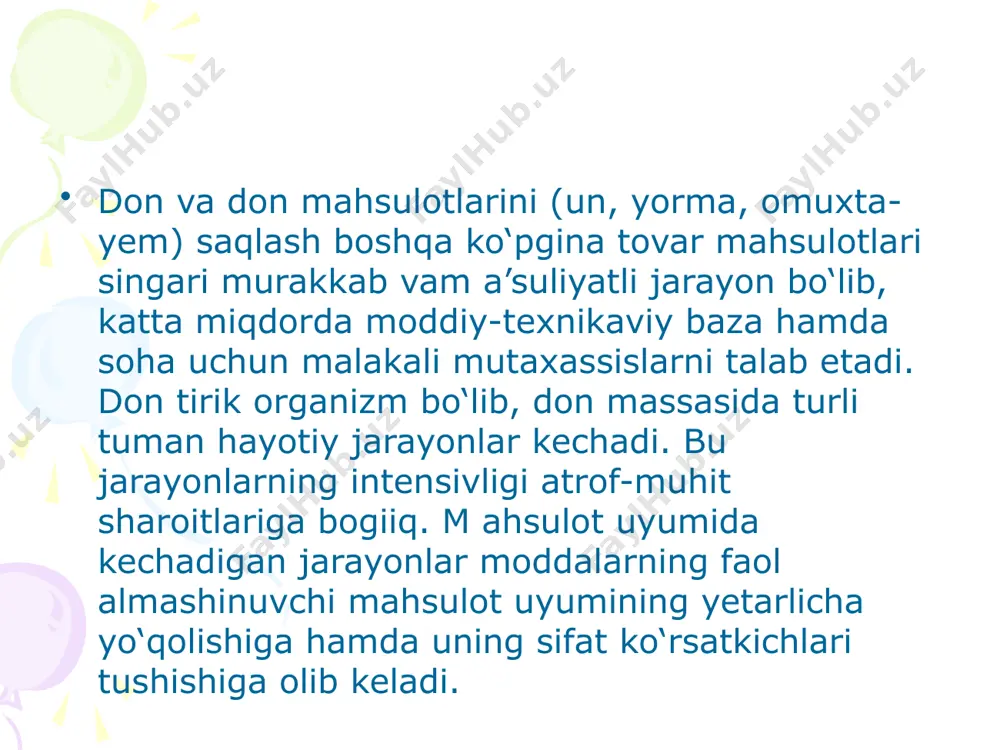 haroitlari talablarining bajarilishi hisoblashlaridan topiladi. o`tga chidamsiz omborxonalarning maydoni 1200 m2 bilan cheklangan, o`tga chidamli omborxonalar (cheklanmagan) me`yorlanmagan. birinchi omborxonalar 20 m uzunlik bilan quriladi. bu foydasiz bo`lib, maydoni, tyemir yo`llar va avtomobil yo`llari ortishi bilan birga birlashtiruvchi ayvonlarga ham extiyoj tug’iladi. ajralishlarni brandmauerlar bilan almashtirish maqsadga muvofiq bo`lib, ularning qalinligi 250 mm dan kam yemas (g’isht), yon tomonlardan 500 mm ga kirib turadi va tomdan 700 mm baland. brandmauerlardagi tuynuklar quyidagicha himoyalanadi: o`tish joylari o`tga chidamli eshiklar bilan konveyerlar oson eriydigan osmalardagi gilotinlar bilan jihozlanadi. brandmauerlardan foydalanish qurilish maydonini tejashga imkon beradi. 10 omborxonaning loyihalash (pasport) sig’imini quyidagi formuladan aniqlash mumkin: bu erda en – omborxonaning loyihadagi sig’imi, t; a – omborxonaning ichki uzunligi, m; b – omborxona ichki kengligi, i; h – donni devorlar yaqinidagi uyumi balandligi, m; a – don uyumining yuzadagi uzunligi, m; b – don uyumining yuzadagi kengligi, m; h – don uyumining omborxona o`rtasidagi …