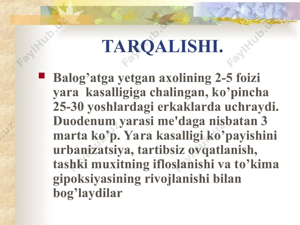 hinishini sozlaydi (1) oksiferriskarbon natriy. (2) solkoseril (3) vinilin (4) oblepixa yog’i (5) u-vitamini (6) b1, b2, b6, b12, b15, c, a vitaminlar. shilliq pardani ximoyalovchilar sukralfat - alyuminiyning organik tuzi vismutning kolloidli subcitrati a) metacin b) platifillin c) sulpirin (egnolin) d) gastrostecepin e) gastrobamat antibakterial terapiya. (a) denol. (b) metronidazol. (v) amoksicillin. (g) trixopol. profilaktikasi. (a) asab taranglanishini yo’qotish. (b) tamaki chekishlikni cheklash. (c) alkogol ichishlikni to’xtatish. (d) uyda va ishda gigiena normalarini saqlash.