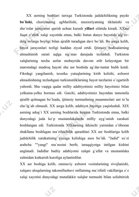 utafakkir xalqlar turmushi bilan solishtirish imkonini berdi.kundalik matbuot o`zbek adabiyotidagi yangilanishlar ko`lamining kengayishiga sabab bo`ldi. kitobning sanoat yo`li bilan chop etilishi xam millat ijtimoiy estetik tafakkuri rivojlanishining kuchli omili bo`ldi. 2. jadid adabiyoti to`lig`icha millatni uyg`otishga qaratilgan edi. bu adabiyotning qaxramoni avvalgi davrdagiday yuqori tabaqa vakillari yoki iloxiy qudrat bilan nurlantirilgan siymolar emas, balki ommaning ichidan chiqqan, unga qaytib boradigan va shu bois xalqqa ta`sir ko`rsatish imkoniyati kattaroq bo`lgan oddiy kishilar edi. jadid adiblari yangi mavzularni yangi janrlarda va yangi obrazlar orqali ifodalashga urindilar.yana bir muxim jixati shundaki, jadid yozuvchilari shunchaki ijodkor emas,balki ijtimoiy-siyosiy, ma`rifiy amali bilan xam millatni uyg`otishga jaxd qildilar. m. behbudiyning "padarkush", a. avloniyning "advokatlik osonmi", "pinak", fitratning "munozara", "hind sayyohi", "abulfayzxon", hamzaning "yig1 la, turkiston", "dardiga darmon istamas", "zaharli hayot", qodiriyning "o`tgan kunlar", "mehrobdan chayon", cho`lponning "buzilgan o`lkaga", "xalq", "yorqinoy", "kecha va kunduz" va boshqa yuzlab asarlar jadid adabiyotining yetuk namunalaridandir. jadid adiblarining asarlarida insoniy taqdirlar, …