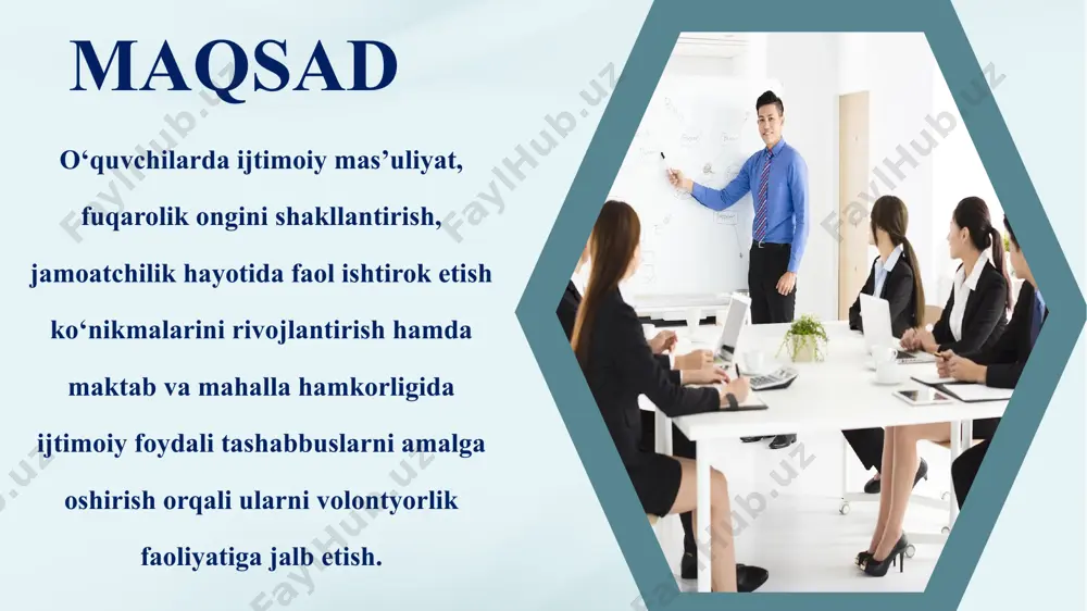 tabda ijtimoiy loyihalar va volontyorlik faoliyatini yo‘lga qo‘yish o‘quvchilarning fuqarolik ongini shakllantirish, mas’uliyat hissini oshirish va ijtimoiy faolligini rivojlantirishga xizmat qiladi. bu jarayonni tizimli tashkil etish orqali maktab va jamiyat o‘rtasida barqaror hamkorlikni mustahkamlash mumkin. xulosa takliflar volontyorlik ishchi guruhini tuzish: – maktab rahbariyati, sinf rahbarlari, psixolog va faol o‘quvchilardan iborat ishchi guruh shakllantirilib, faoliyatni muvofiqlashtiradi. ijtimoiy loyihalar rejasini ishlab chiqish: – maktab va mahalla hamkorligida ekologiya, yordamga muhtoj oilalar, salomatlik, kutubxonachilik kabi yo‘nalishlarda o‘quvchilarni jalb etuvchi loyihalar ishlab chiqiladi. maxsus seminar-treninglar tashkil etish: – volontyorlik madaniyati, jamoaviy ishlash, yetakchilik, kommunikatsiya bo‘yicha o‘quv-seminarlar o‘tkaziladi. motivatsiya va rag‘batlantirish tizimini yaratish: – faol volontyorlarni faxriy yorliqlar, maktab yig‘ilishlarida e’tirof etish, mahalliy oavda yoritish orqali rag‘batlantirish. tajriba almashish va tarqatish: – har chorakda volontyorlik faoliyati bo‘yicha taqdimotlar, ko‘rgazmalar yoki “ilhom soati”lar o‘tkazilib, o‘quvchilar o‘z tajribalari bilan o‘rtoqlashadi. monitoring va baholash tizimini joriy qilish: – har bir loyihani natijalari bo‘yicha o‘quvchilar hisobot tayyorlaydi, ishchi …