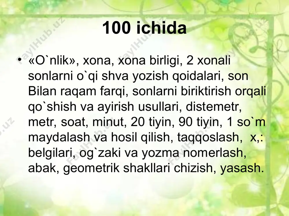 ning vazifasi: -o`quvchilarga prеdmеtlarni bittalab va guruhlab sanashga o`rgatish; -100 ichida sonlarni o`qish va yozishga o`rgatish; -o`ngdan chapga hisoblaganda birliklar va o`nliklar qaysi o`ringa yozilishini o`rgatish; -u yoki bu xona birliklari yo`qligini qanday bеlgilashni ko`rsatish; -birinchi va ikkinchi xona birliklari, xona soni, xona qo`shimchalarining yig`indisi, bir xonali sonlar, ikki xonali sonlar kabi yangi tushuncha va tеrminlarni o`quvchilar o`zlashtirib olishlariga erishish kеrak.