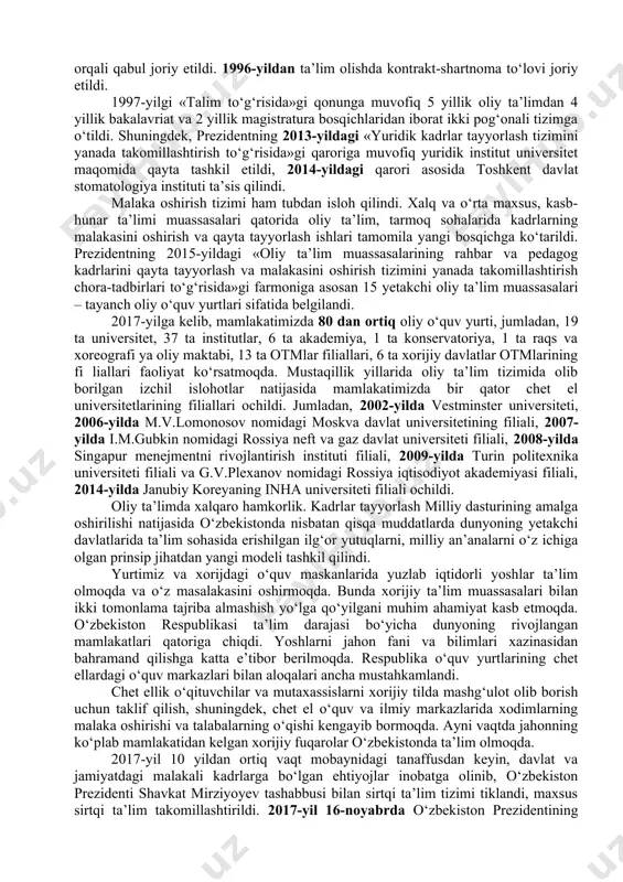 etilib, kollej bitiruvchilarini ish bilan ta’minlanishiga e’tibor qaratilganiga qaramay, bu borada qoniqarli natijaga erishilmadi. 2017-yil umumta’lim va o‘rta maxsus kasb-hunar ta’limi tizimida tub islohotlar yili bo‘ldi. xalq qabulxonalari va prezidentning virtual qabulxonasiga tushgan taklif va mulohazalar, shuningdek, respublika maktablaridagi bitiruvchilarning ota-onalari o‘rtasida o‘tkazilgan so‘rovnoma natijalaridan kelib chiqib, prezident shavkat mirziyoyev tashabbusi bilan 9+3, ya’ni 12-yillik majburiy ta’limdan 11-yillik ta’limga qaytildi. 2017-yilning o‘zida 10-sinf o‘quvchilari uchun 9 mln. nusxa darsliklar chop etildi va 10 mingga yaqin umumta’lim maktabida 11-yillik ta’limga o‘tilgan holda o‘qitish tizimi yo‘lga qo‘yildi. maktabgacha ta’lim tizimi uzluksiz ta’limning birlamchi, eng asosiy bo‘g‘inidir. maktabgacha ta’lim, 6–7 yoshgacha oilada, bolalar bog’chasida va boshqa ta’lim muassasalarida olib boriladi. mutaxassislarning ilmiy xulosalariga ko‘ra, inson o‘z umri davomida oladigan barcha axborot va ma’lumotning 70 foizini 5 yoshgacha bo‘lgan davrda oladi. shu bois, bolalarning sog‘lom va bilimli, yetuk kadrlar bo‘lib voyaga yetishida bog‘cha tarbiyasi juda muhim o‘rin tutadi. maktabgacha ta’lim tizimini yanada takomillashtirish, moddiy-texnika …
