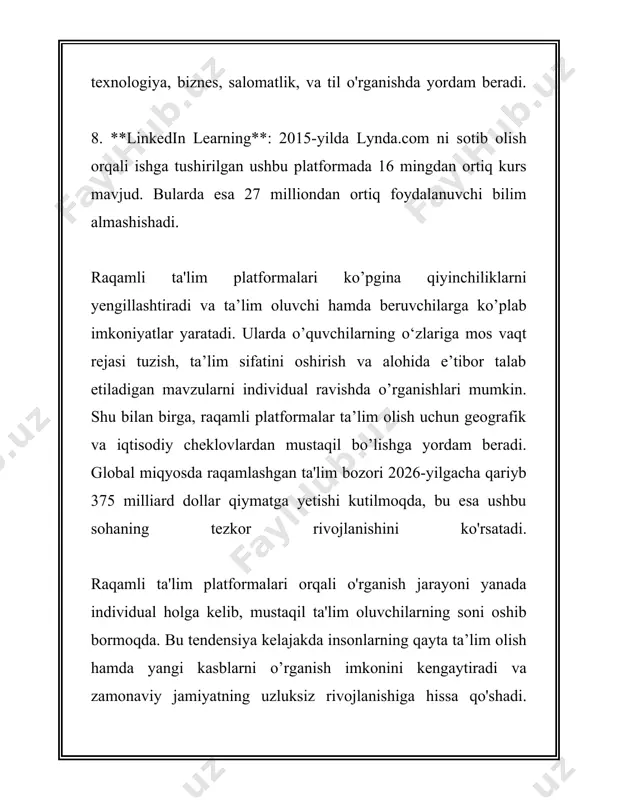 dunyo bo'ylab 1.6 milliarddan ortiq o'quvchi maktablarini yo'qotgan, bu esa onlayn ta'limga o'tishni tezlashtirgan. shu vaqtdan beri virtual sinf xonalari haqida ma'lumotni to'plash va tadqiq qilish muhim bo'lib qoldi. virtual sinf xonalarining asosiy omillari quyidagilardan iborat: 1. **platformalar**: virtual ta'lim platformalari orasida google classroom, microsoft teams, zoom, moodle keng tarqalgan. 2021-yilgi ma'lumotlarga ko'ra, google classroom butun dunyo miqyosida 150 million foydalanuvchiga ega. 2. **qo'llab-quvvatlanadigan tillar soni**: misol uchun, google classroom 57 ta turli tildan foydalanuvchilarga xizmat ko'rsatadi, bu esa ko'p milliy tillarda ta'lim berish imkoniyatini ochib beradi. 3. **o'ziga xos xususiyatlar**: zoom platformasi bir vaqtning o'zida 100 dan 1000 gacha ishtirokchini qamrab olishi mumkin. microsoft teams esa 2021-yilning sentyabr oyida o'rtacha 250 million faol foydalanuvchiga ega edi. 4. **internetdan foydalanish**: internetdan foydalanish ko'rsatkichi asosiy omil bo'lib, bu ta'limning sifatiga katta ta'sir ko'rsatadi. xalqaro telekommunikatsiya ittifoqi (itu) ma'lumotlariga ko'ra, 2020-yilda dunyo bo'yicha internetdan foydalanuvchilarning jami soni 4.9 milliardga yetgan. 5. **raqamli …