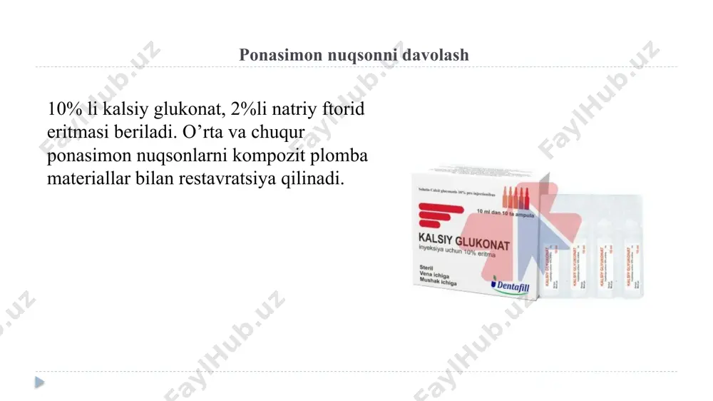 hda stomatologik yoki ekstrajinal plastmassa og‘iz himoya vositalaridan foydalangan holda chaynash mushaklarining miotatik reflekslarini bir vaqtning o'zida restrukturizatsiya qilish bilan optimal okklyuziya balandligini, jag'ning to'g'ri holatini tiklash zarur. ikkinchi etapda protezlash amalga oshiriladi. ii bosqichning yemirilish kamaygan bemorlarda bo'lgani kabi, protez dizaynini tanlanadi. davolash muammosi— bu qattiq tish to'qimalarini tayyorlashga eng yumshoq va shu bilan birga kerakli estetik va funktsional ma'lumotlarga erishishga imkon beradigan oqilona usulni tanlashdir va yemirlish natijasida keliub chiqqan sezuvchanlikni kamaytirish. davolash usullariga mahalliy va umumiy sabablari bartaraf etiladi, o’tkir qirralari bo’lsa silliqlanadi; yemirilish shakliga qarab vinir va fasetkalar bilan restavratsiya qilinadi; gorizontal yemirilishda karonka, olib qo’yiladigan va olib qo’yilmaydigan konstruksyalardan foydalaniladi. tishlar pigmentatsiyasi va karashlar sog’lom tish normada oq rangdan sarg’ish ranggacha bo’ladi. tish rangini o’zgarishi ekzogen va endogen omillar tasirida vujudga keladi. tishlarda paydo bo’ladigan dog’lar konsistensiyasiga qarab yumshoq-karashlar va qattiq-toshlar bo’ladi. ekzogen omillar ta’sirida keladigan o’zgarishlar: oziq va dori vositalar natijasida; kumushlash, kumushli amalgamalarda; …