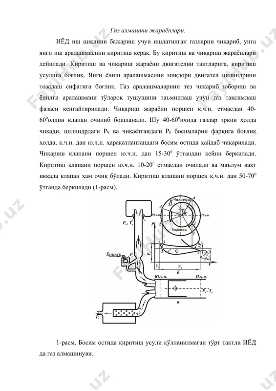 кич қўйилади. температура тк ни пасайтириш учун бу рк=const бўлганда, цилиндрга кираётган янги заряд миқдорини кўпайишига олиб келади. газ алмашиш жараёни 2 тактли двигателда клапан тирқишидан тўғри киритиладиган ямз-204 дизел турини кўрамиз (3-расм). 2-расм. турбонаддувли тўрт тактли иёд да газ алмашинуви: а-газ турбинали двигател схемаси; б-газ тақсимлаш фазалари ва газ алмашиниш жараёнининг индикатор диаграммаси, i-компрессор, ii-газ турбина. ю.ч.н. га 900 етмасдан b нуқтада чиқарувчи клапан очилади. шу пайтдан ишлатилган газлар чиқарилиши бошланади. bk участкада р0/р га нисбати бошланишда критик ҳолатдан камроқ ва ишлатилган газлар критик тезлик билан чиқа бошлайди. к нуқтадан бошлаб газларни чиқишини тезлиги бир оз сустлашади. эркин чиқариш оралиғи деб ишлатилган газларни шамоллатиш тирқишлари очилгунича бўлган моментига айтилади. шамоллатиш тирқиши поршен n.ч.н. га 450 етмасдан очилади. цилиндрдаги босим р рк босимдан камайганда ресивердан ҳаво киришни бошлайди. шу пайтда ишлатилган газлар цилиндрдан чиқарилади бу мажбурий чиқариш ва тўлдириш дейилади. 3-расм. икки тактли дизелни газ алмашинуви жараёнининг характеристикаси. киритиш жараёнини …