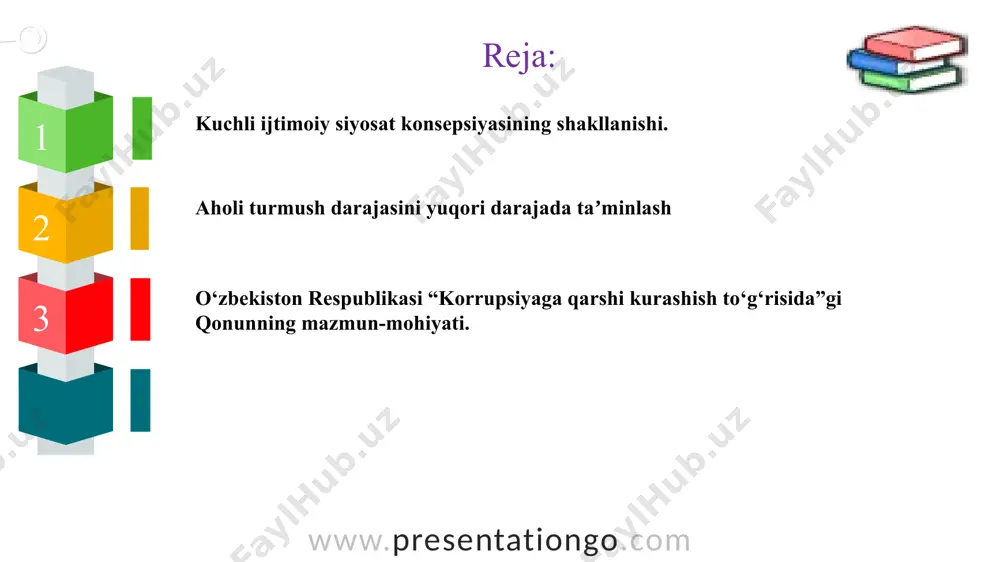 ni tartibga soladi. www.presentationgo.com © presentationgo.com by: .com “aholini ish bilan ta’minlash biz uchun nafaqat iqtisodiy, ayni paytda katta ijtimoiy ahamiyatga egadir. hokimliklar, vazirlik va idoralar, ish beruvchi tashkilotlar bilan bir qatorda bank muassasalarini ham bu ishga yanada faol jalb etishi kerak. aholi bandligini hal etishda turizmni rivojlantirish bo‘yicha katta imkoniyatlarni ham ishga solishimiz lozim”. shavkat mirziyoyev www.presentationgo.com © presentationgo.com by: .com harakatlar strategiyasining “ijtimoiy sohani rivojlantirish” deb nomlangan to‘rtinchi yo‘nalish doirasida quyidagi islohotlar amalga oshirilishi ko‘zda tutilgan aholi bandligini oshirish fuqarolarni ijtimoiy himoya qilish va ularning salomatligini saqlash yo‘l-transport, muhandislik-kommunikatsiya hamda ijtimoiy infratuzilmani rivojlantirish va modernizatsiyalash www.presentationgo.com © presentationgo.com by: .com aholini elektr energiya, gaz bilan ta’minlashni yaxshilash aholining muhtoj qatlamlariga ko‘rsatiladigan ijtimoiy yordam sifatini oshirish, xotin-qizlarning ijtimoiy-siyosiy hayotdagi maqomini oshirish sog‘liqni saqlash sohasini isloh qilish maktabgacha ta’lim muassasalarining qulayligini ta’minlash, umumiy o‘rta ta’lim, o‘rta maxsus va oliy ta’lim sifatini yaxshilash образец текста второй уровень третий уровень четвертый уровень …