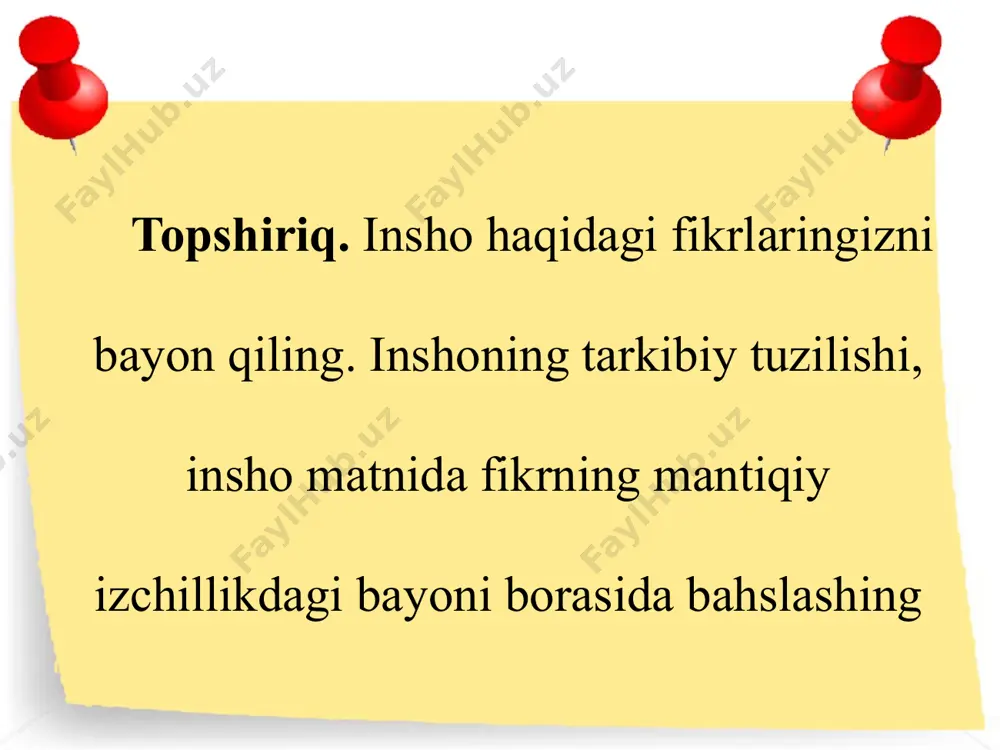 oldilar. – qanaqa pul, taqsir? – dedi matxoliq amin. hammaning ko’zi uning og’ziga tikilgan edi, undan keyin hamma ko’zlar birdaniga mingboshi tomonga burilib, uning og’ziga osildilar. ko’plar og’izlari bilan ham tinglardilar. yozuvchi noxush va shum xabarni hayronlik va chorasizlik ichida og’izlar ochilib qotgan ko’yi eshitmoqning badiiy rasmini shu tarzda chizgan. 47-mashq. «otalar so’zi» kitobidan olingan maqolani o’qing. undagi fikrning mantiqiy izchilligi va muntazam bayoni, bunda til vositalarining o’zaro munosabatidagi tugallikka e’tibor qiling. o’zingiz matn tuzganda, buni yodda tuting. 48-mashq. berilgan matnni o’qing. matnning abzaslarga ajratilishiga e’tibor bering. mentalitet kunlarning birida amerikada chiqadigan yirik gazetaning rahbari bilan hamsuhbat bo’lib qoldik. u o’zbeklar nima uchun mahallani bunchalik hurmat qilishini, nega mahalla to’g’risida maxsus qonun qabul qilinganini so’radi. mahalla degani qanday tuzilma ekanini tushuntirib berishimni iltimos qildi. – men sizga mahallani tushuntirishga ojizman, janob, – dedim rostini aytib. – uzr-ku, siz uni baribir tushunmaysiz. buning uchun siz ham, men ham aybdor emasmiz. hamma …