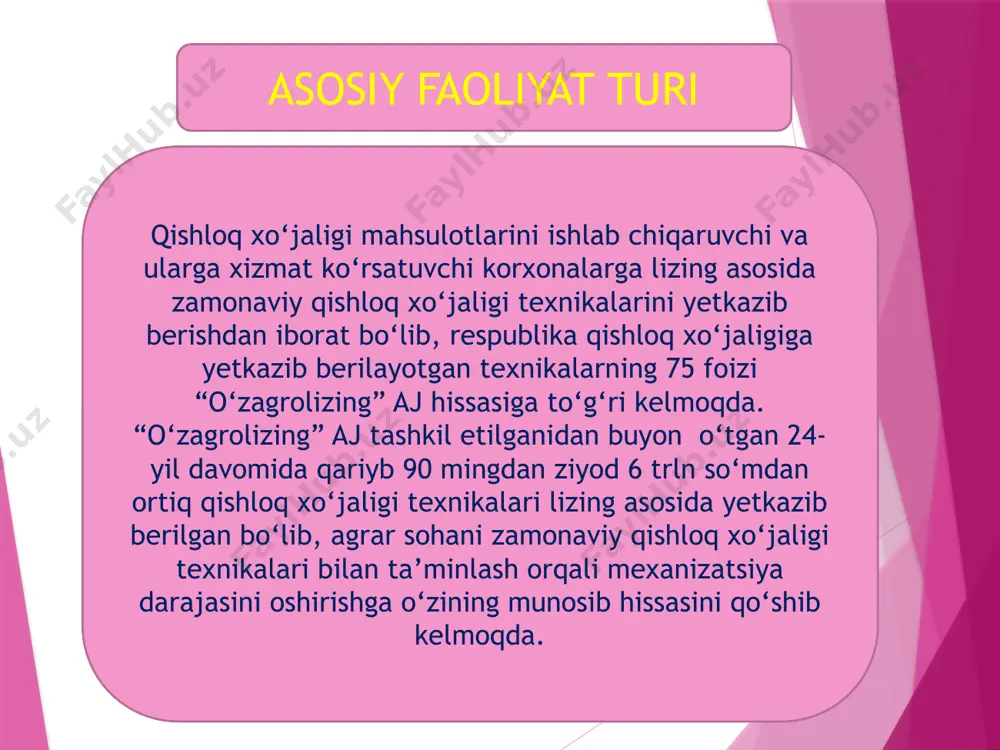 raqobat qoʻmitasi boʻlim boshligʻi kuzatuv kengashi raisi kuzatuv kengashi 2 samiyev umid xikmatovich davlat xizmatini rivojlantirish agentligi departament mudiri kuzatuv kengashi aʼzosi 3 bobobekov zoxidjon anarbayevich davlat aktivlarini boshqarish agentligi boshqarma boshligʻi kuzatuv kengashi aʼzosi 4 roʻziyev shuxrat negpulatovich davlat aktivlarini boshqarish agentligi masʼul xodimi kuzatuv kengashi aʼzosi 5 suyunov dilmurod xolmuradovich biznes va tadbirkorlik oliy maktabi kafedra mudiri kuzatuv kengashi aʼzosi 6 valijonov akmaljon raximovich xususiylashtirish va davlat aktivlarini boshqarish muammolarini tadbiq etish markazi boʻlimi mudiri kuzatuv kengashi aʼzosi 7 olivier topuz ubaf janubiy koreya hududiy menejer kuzatuv kengashining mustaqil aʼzosi otajonov nodir sobirovich «o‘zagrolizing» aj boshqaruv raisi boshqaruv organi tarkibi nasirdinov azimjon shomaxmudovich -boshqaruv raisining oʻrinbosari qodirova shaxnoza shukurjon qizi - boshqaruv aʼzosi – buxgalteriya hisobi va hisoboti boʻlimi boshligʻi qurbonov elmurod suvonqulovich boshqaruv aʼzosi moliyaviy-iqtisodiy tahlil boshqarmasi boshligʻi meliboyev nodir tursunqulovich boshqaruv aʼzosi marketing va sotishni tashkil etish boshqarmasi boshligʻi e’tiboringiz uchun raxmat! image1.png image2.png image3.png image4.png …